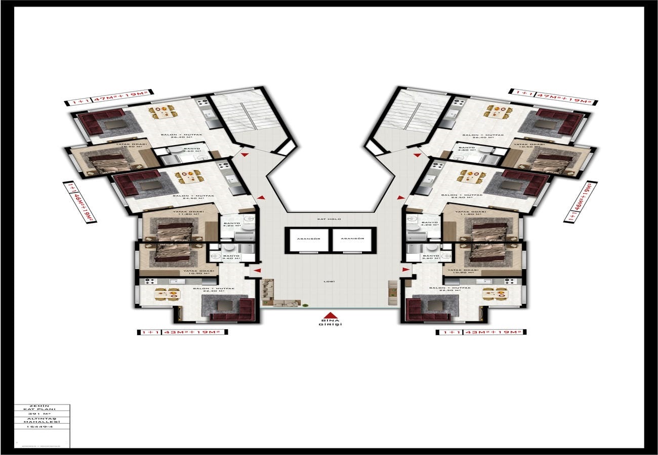 Typical floor plan showing six apartments around a central hall with two lifts and a stairwell