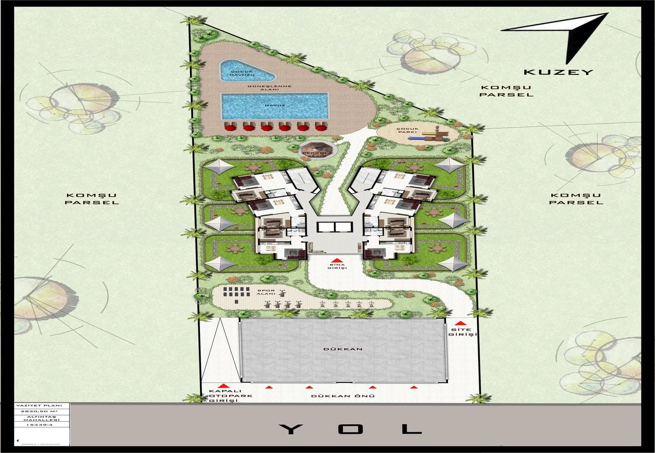 Site plan with two residential buildings, twin pools, palm-lined lawns, and winding paths