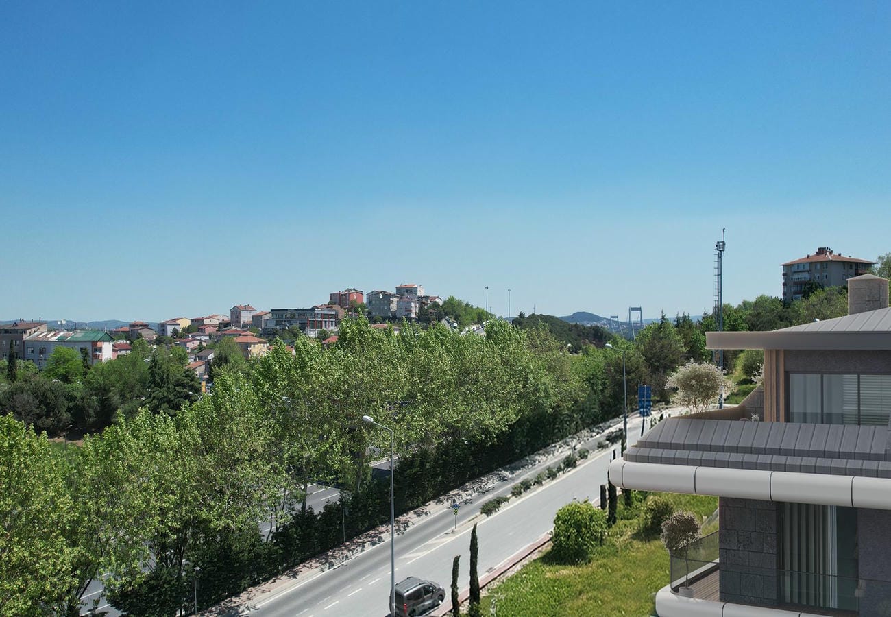 İstanbul’da yüksekten görülen iki şeritli yol, yoğun ağaç tepeleri ve alçak katlı yapılar