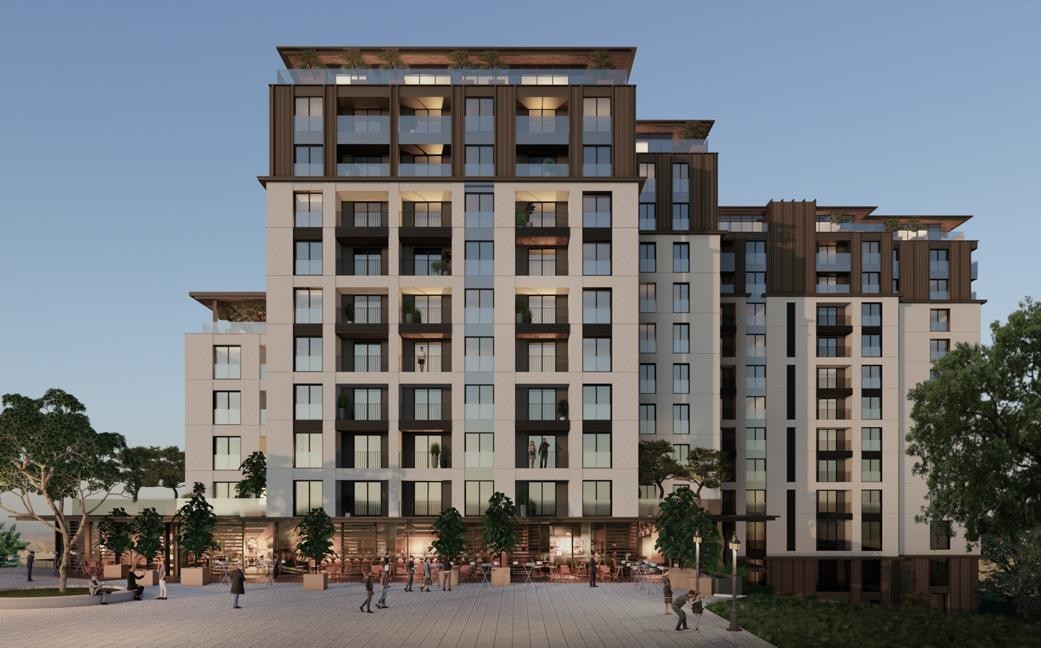 Yaya meydanına bakan kompleks cephesinde panoramik pencereler, Küçükçekmece’de satılık konutlar