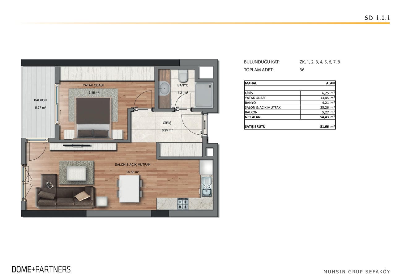 Daire planında açık mutfaklı salon, yatak odası, balkon ve 54,43 m² net alan tablosu