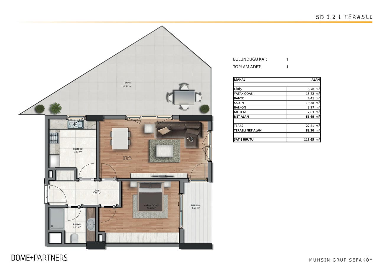 Küçükçekmece’de daire planında ayrı mutfak, salon ve 27,51 m² geniş teras