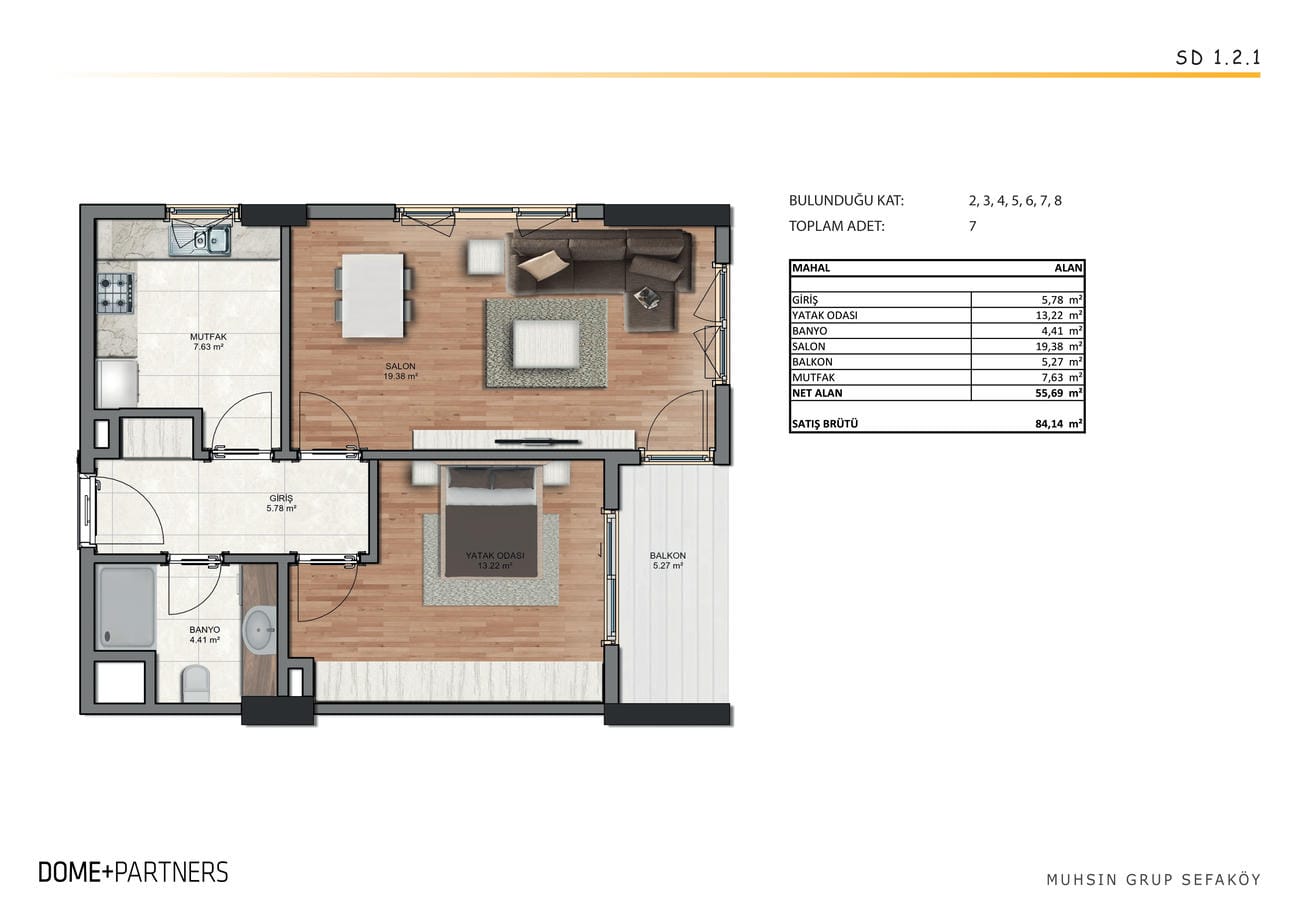 Yerleşim planında ayrı mutfak, 19,23 m² salon ve yaşam alanı boyunca balkon