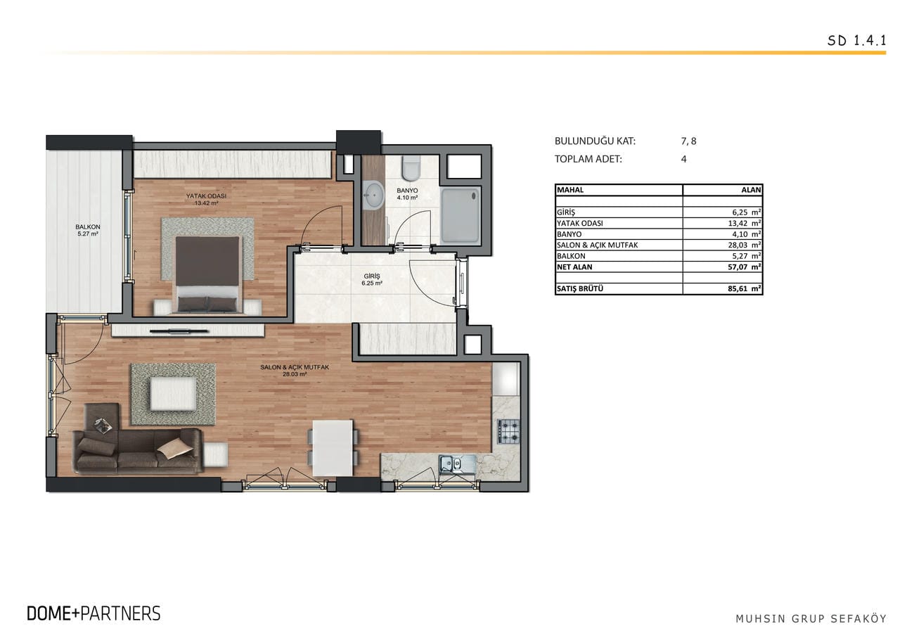 Evin mobilyalı planında açık mutfaklı salon, giriş koridoru ve yatak odası yanında balkon