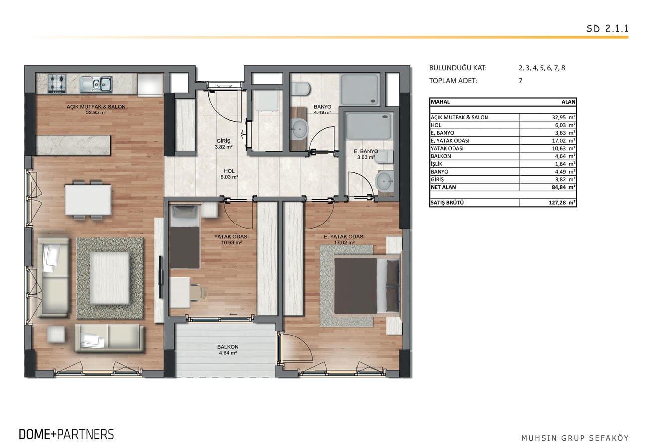 Rezidans planında açık mutfaklı salon, iki çift kişilik yatak odası ve odalar arasında balkon