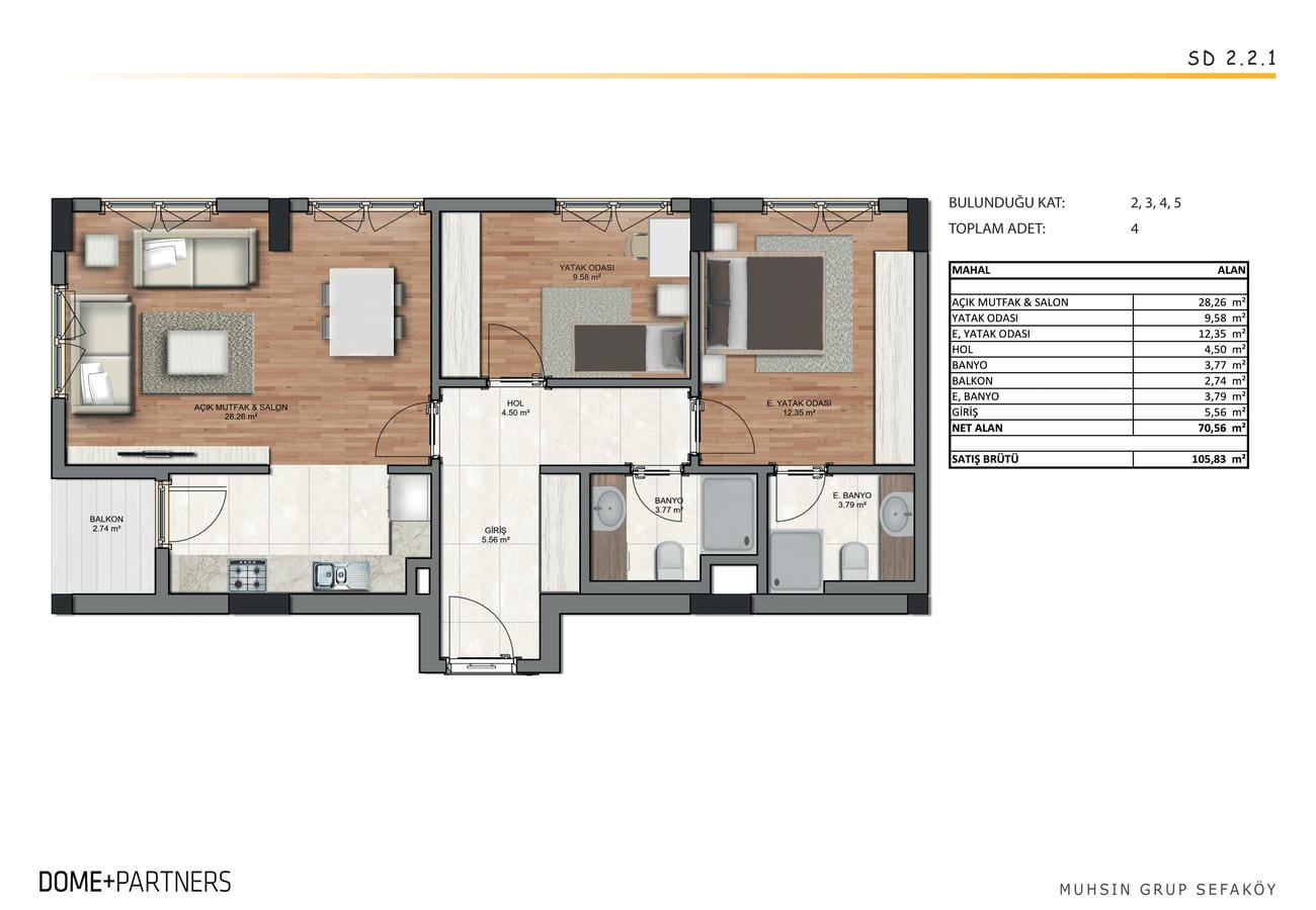 Küçükçekmece’de ev planında açık mutfaklı salon, iki yatak odası, hol ve küçük balkon