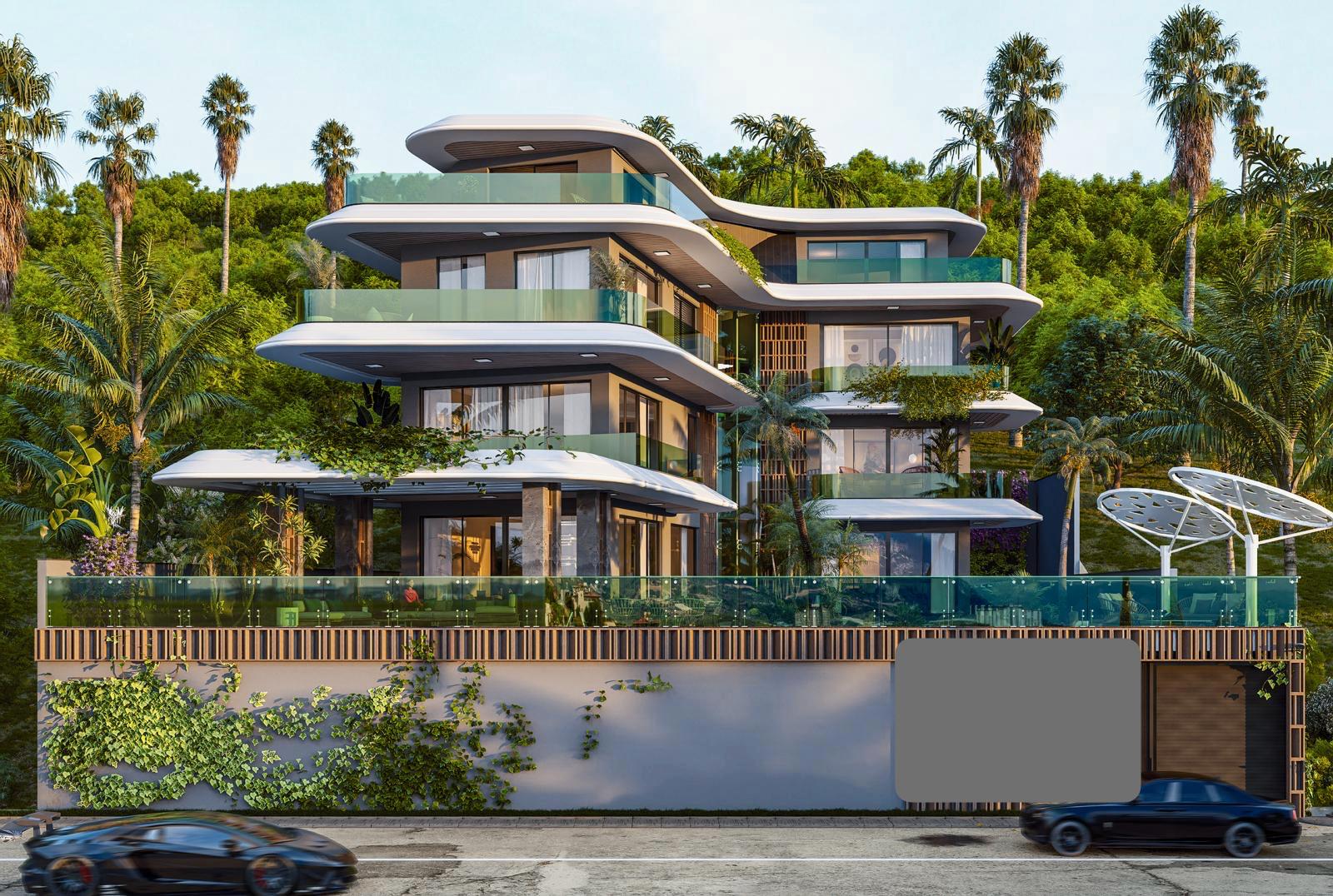 Palmiye ve yoğun bitkilerle çevrili çok katlı 7+2 villa, Kargıcak’ta Alanya’da Türkiye’de satılık — New Level Group