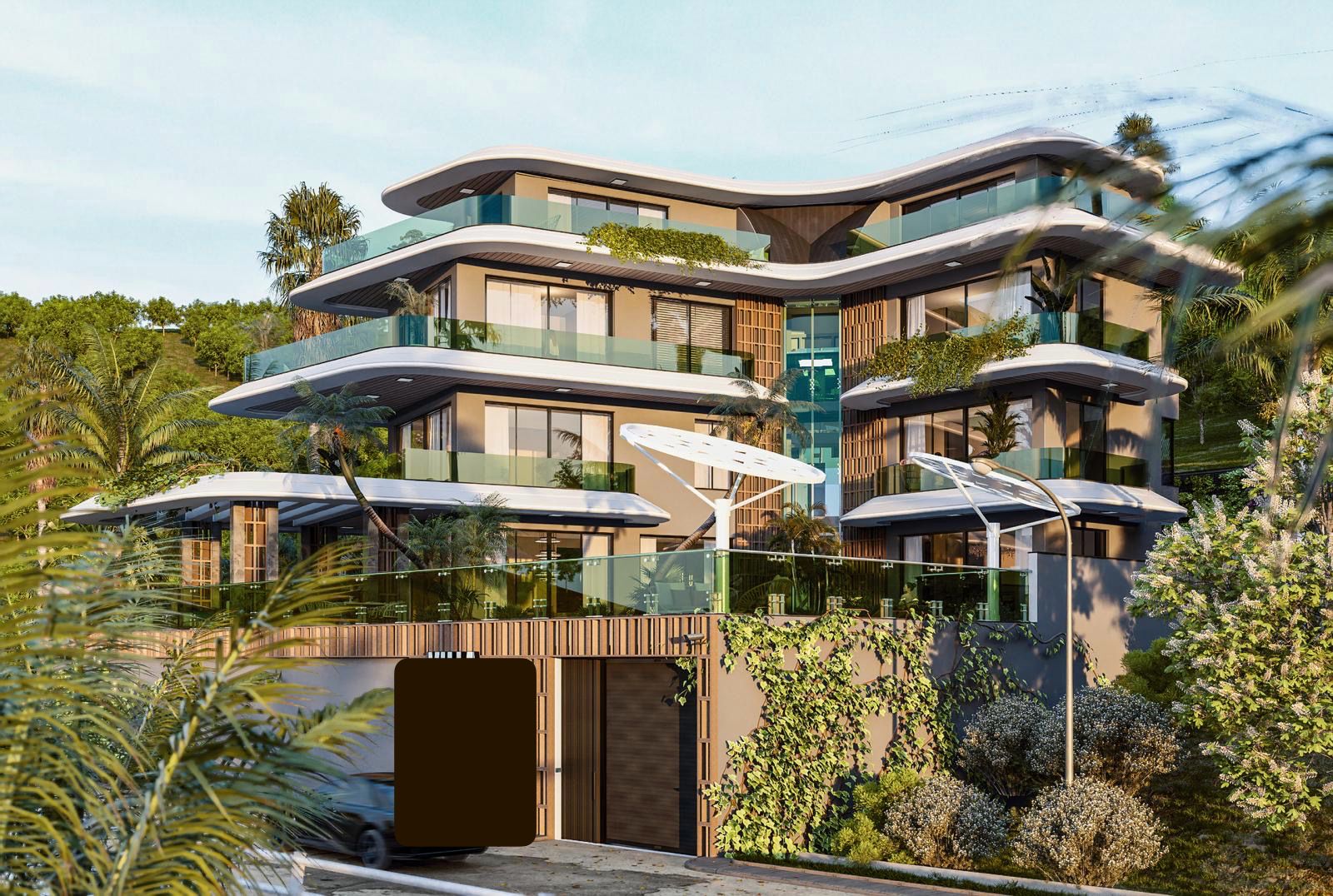 Kavisli saçakları ve cam balkon korkulukları bulunan köşe villa Türkiye’de satışta