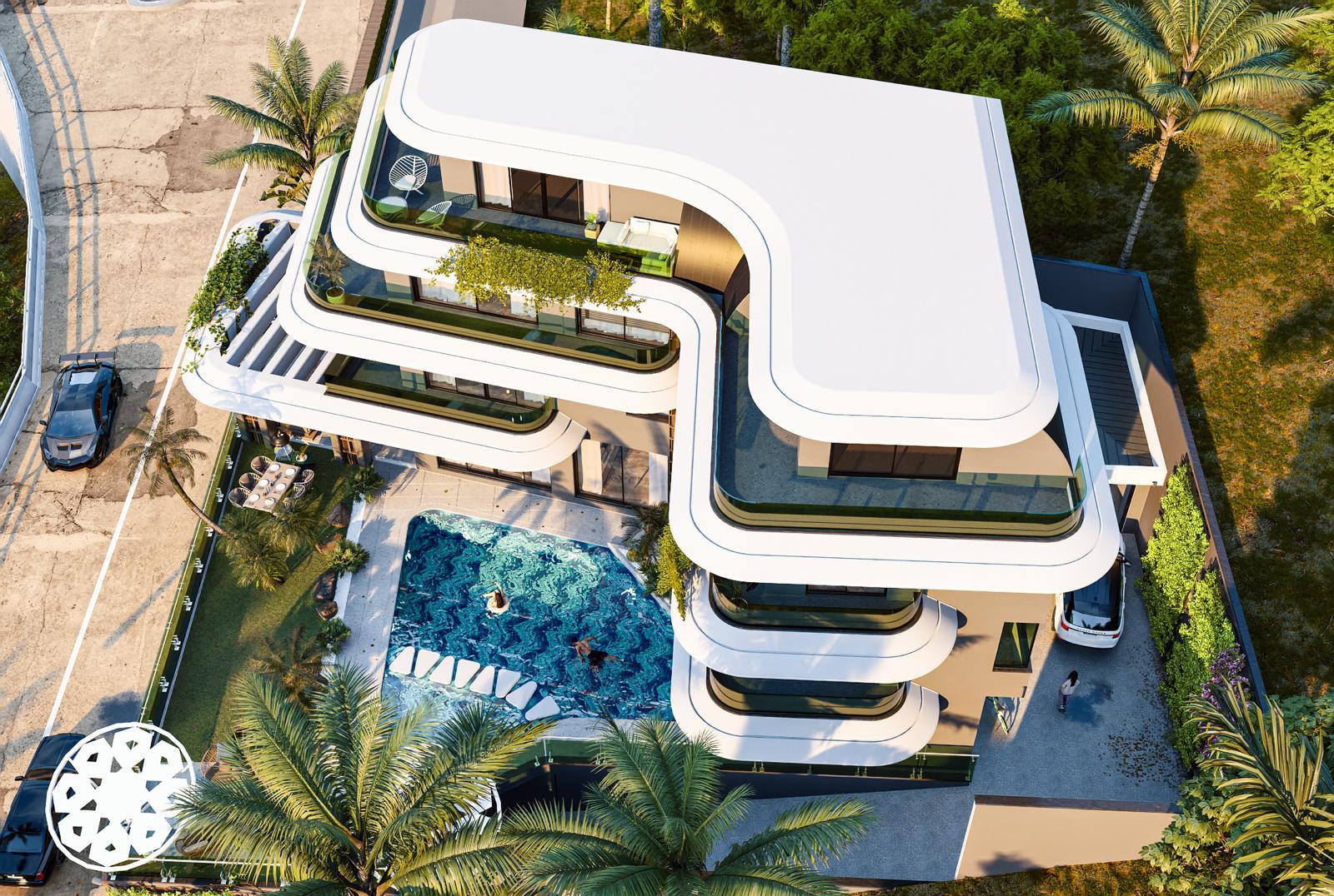 Yuvarlak cepheli beyaz villa ve biçimsiz açık havuzu Kargıcak’ta Türkiye’de görünüyor