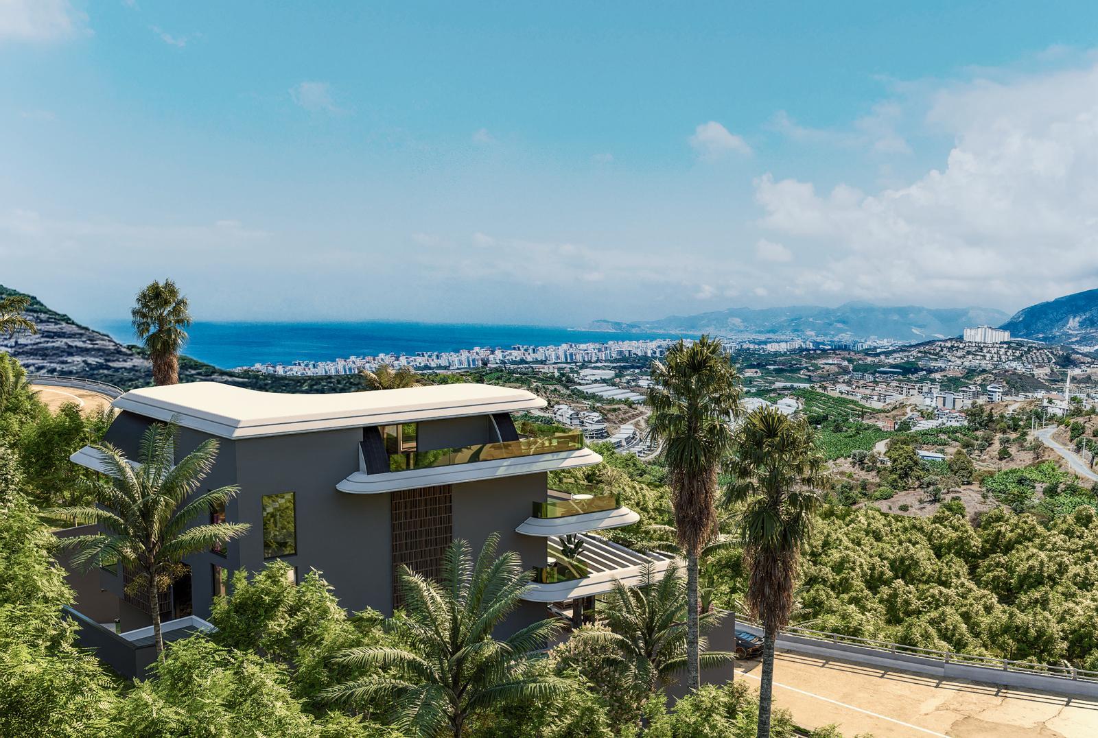Yamaçtaki modern villa, palmiye çevresi ve çok seviyeli teraslarıyla Türkiye’de denize bakıyor