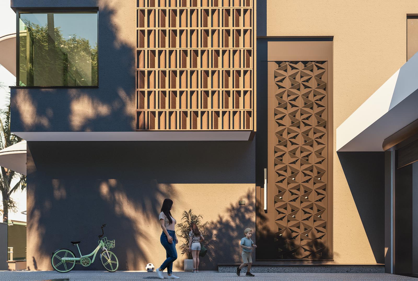 Dikey ahşap ızgaralı ve geometrik metal panelli villa giriş cephesi