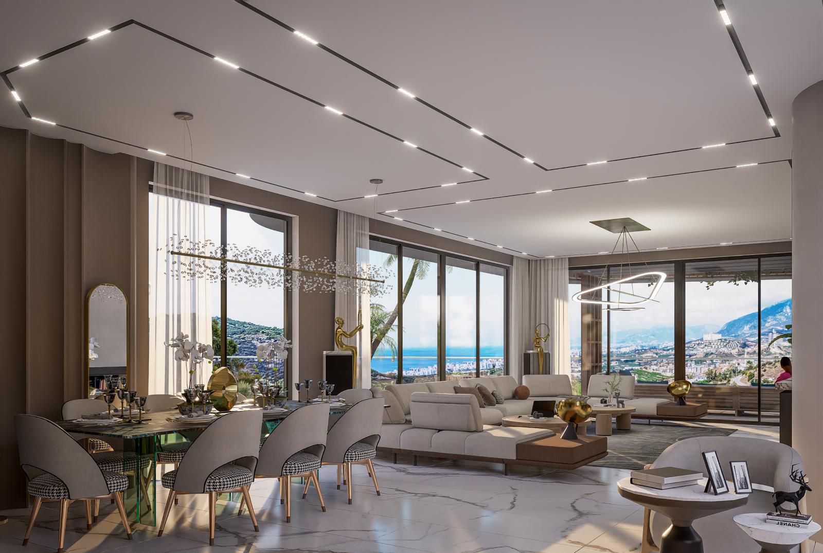 Deniz ve dağ manzaralı mermer zeminli mutfak-salon 7+2 villa Kargıcak’ta satılık