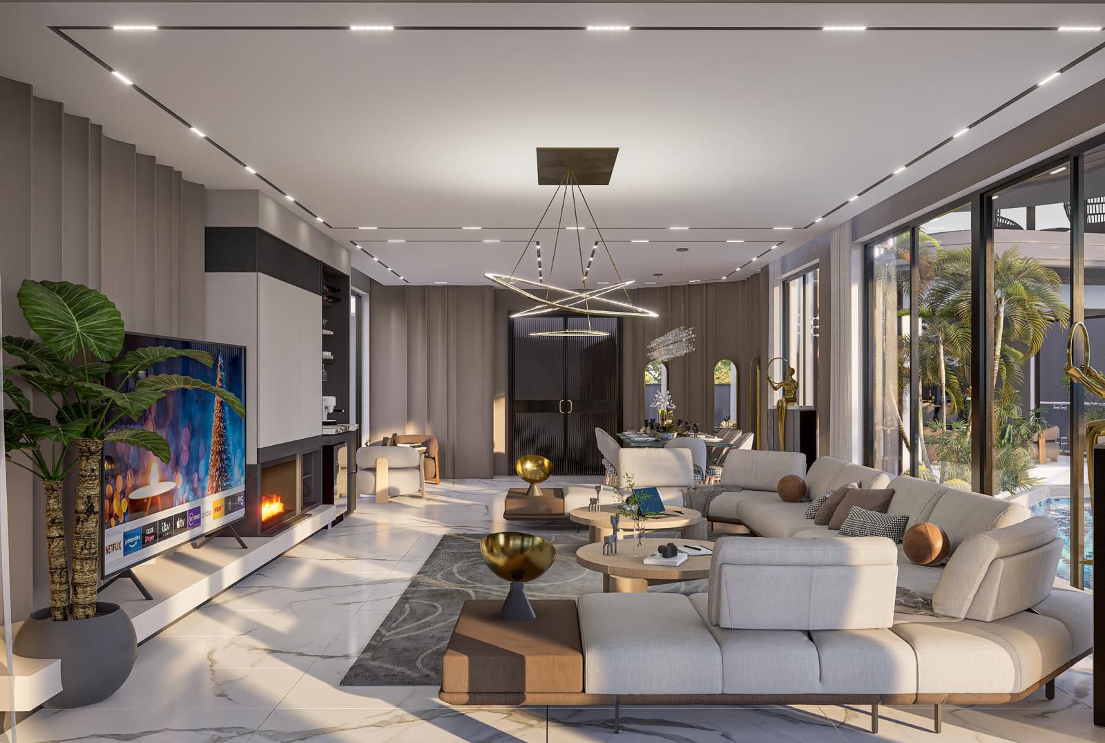 Havuza bakan panoramik camlı şömineli salon Türkiye’deki müstakil evde