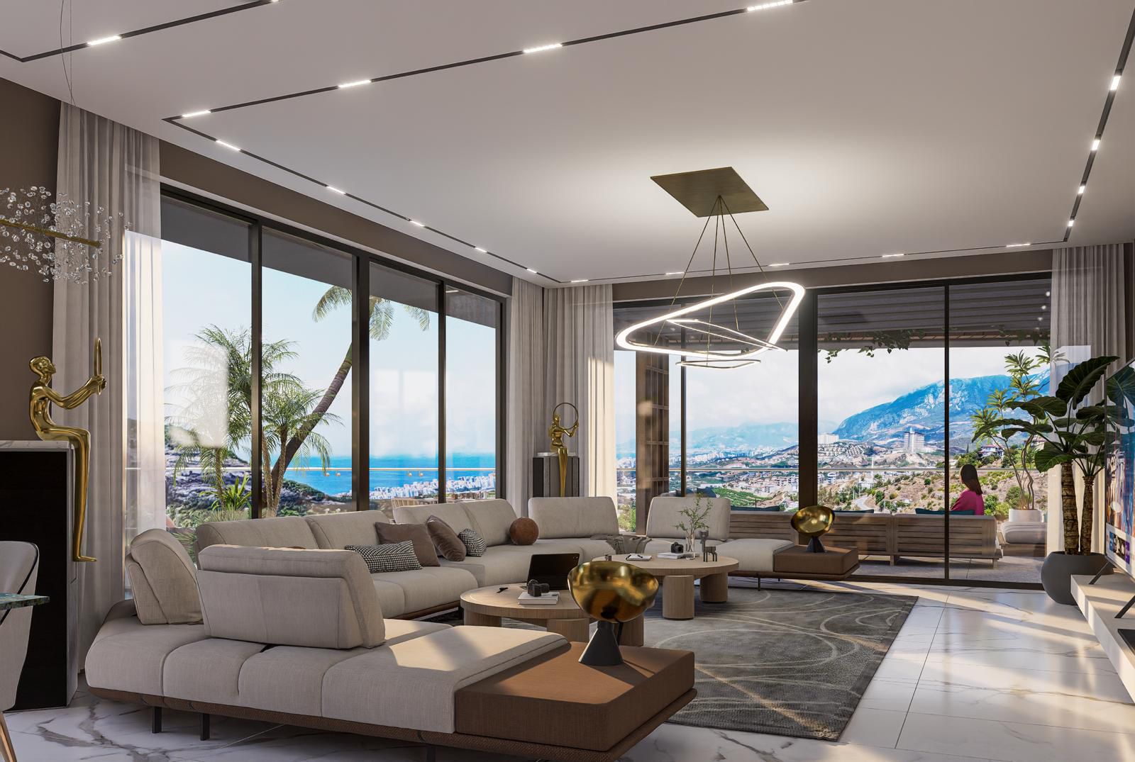 Deniz ve dağ manzaralı panoramik pencereli salon Kargıcak’ta
