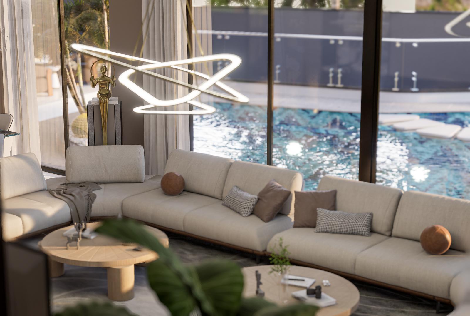Havuza açılan panoramik camlı ve ahşap sehpalı salon villa içinde