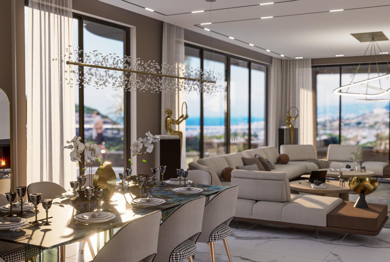 Yemek alanı ve şehir manzaralı panoramik pencereleriyle salon Türkiye’de satılık villada