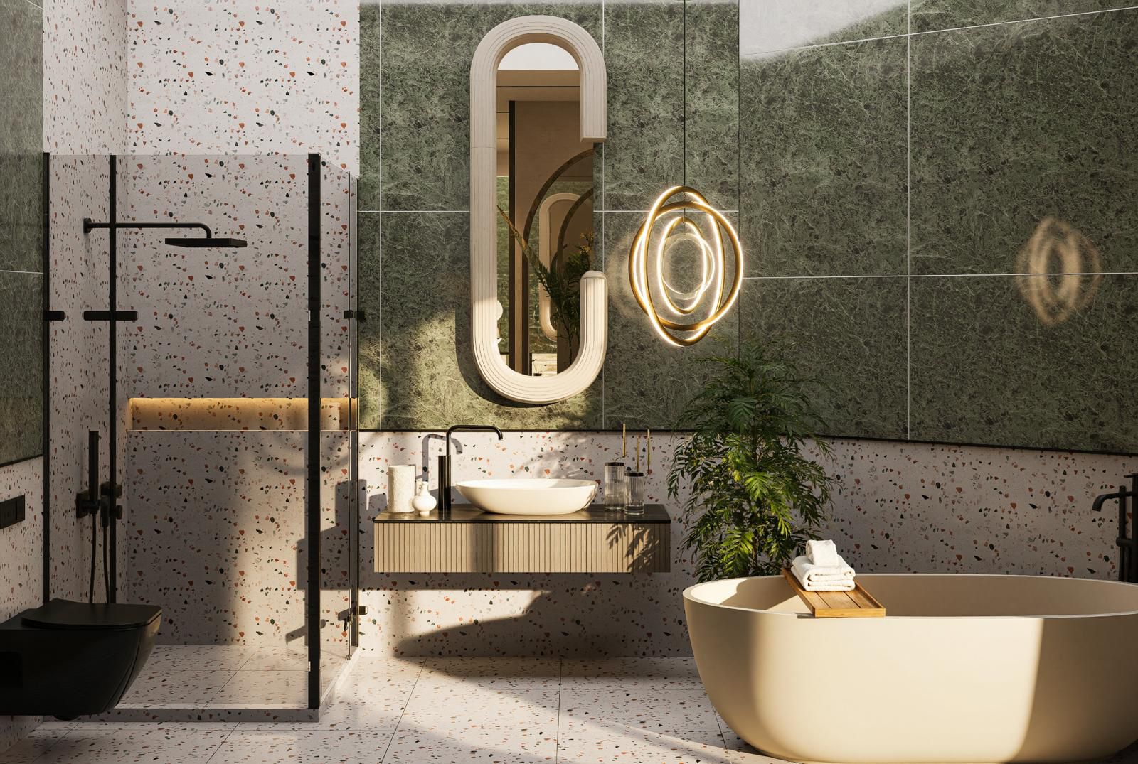 Oval küvetli ve yeşil mermer duvar kaplamalı banyo Kargıcak’ta