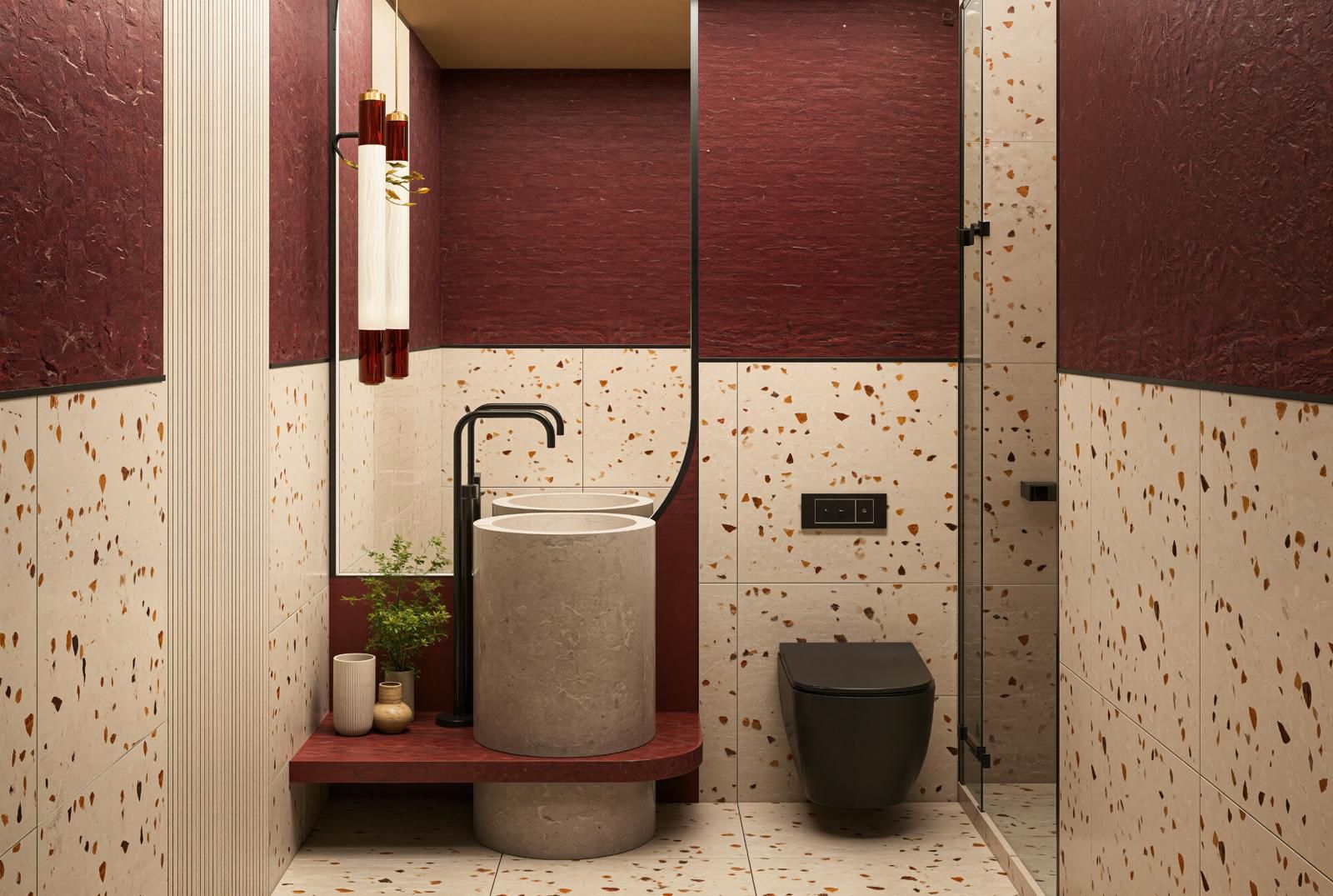 Silindirik lavabolu ve cam duş bölmeli lavabo villanın içinde