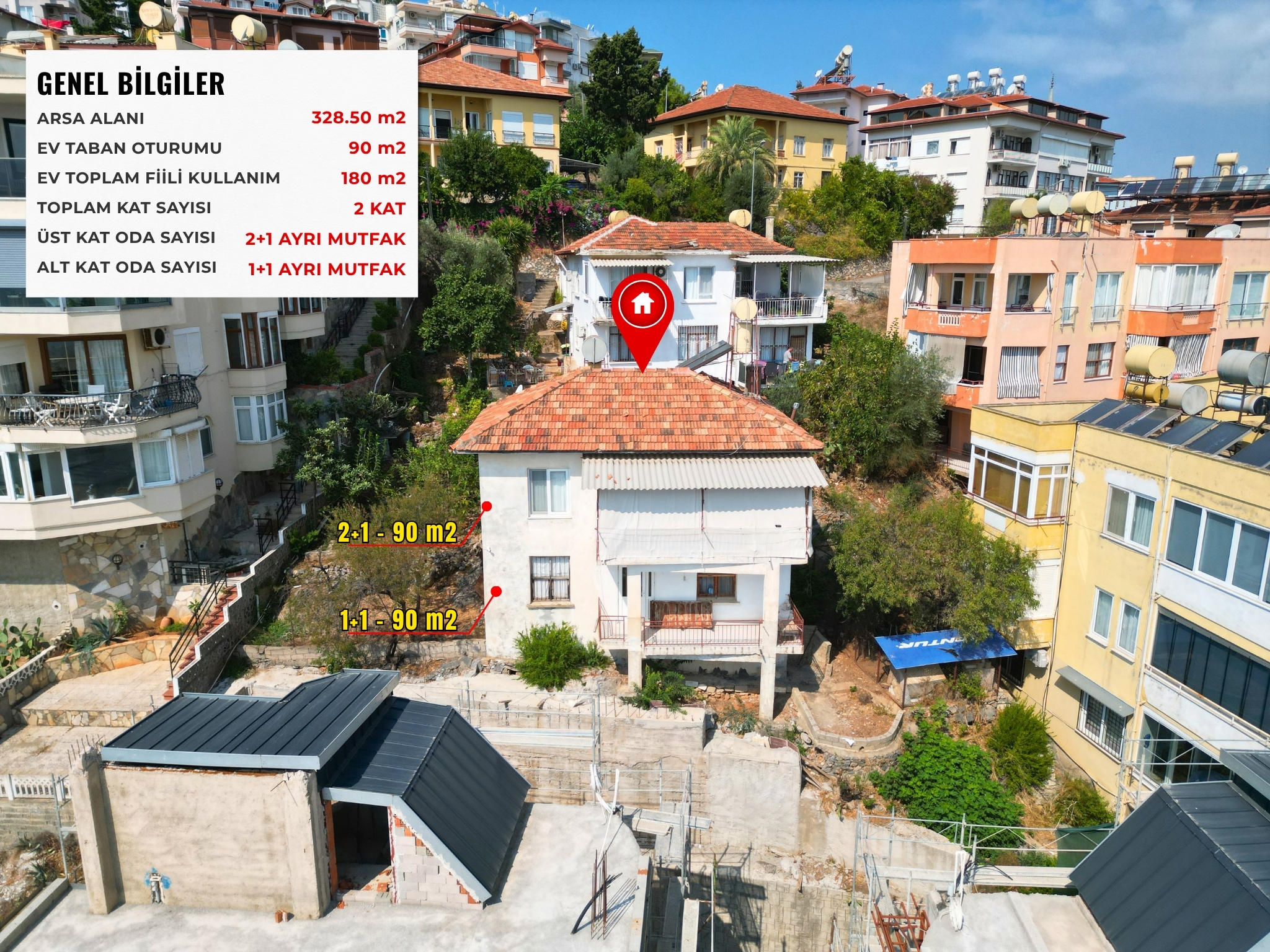 A red-roofed house among trees and retaining walls is presented for sale