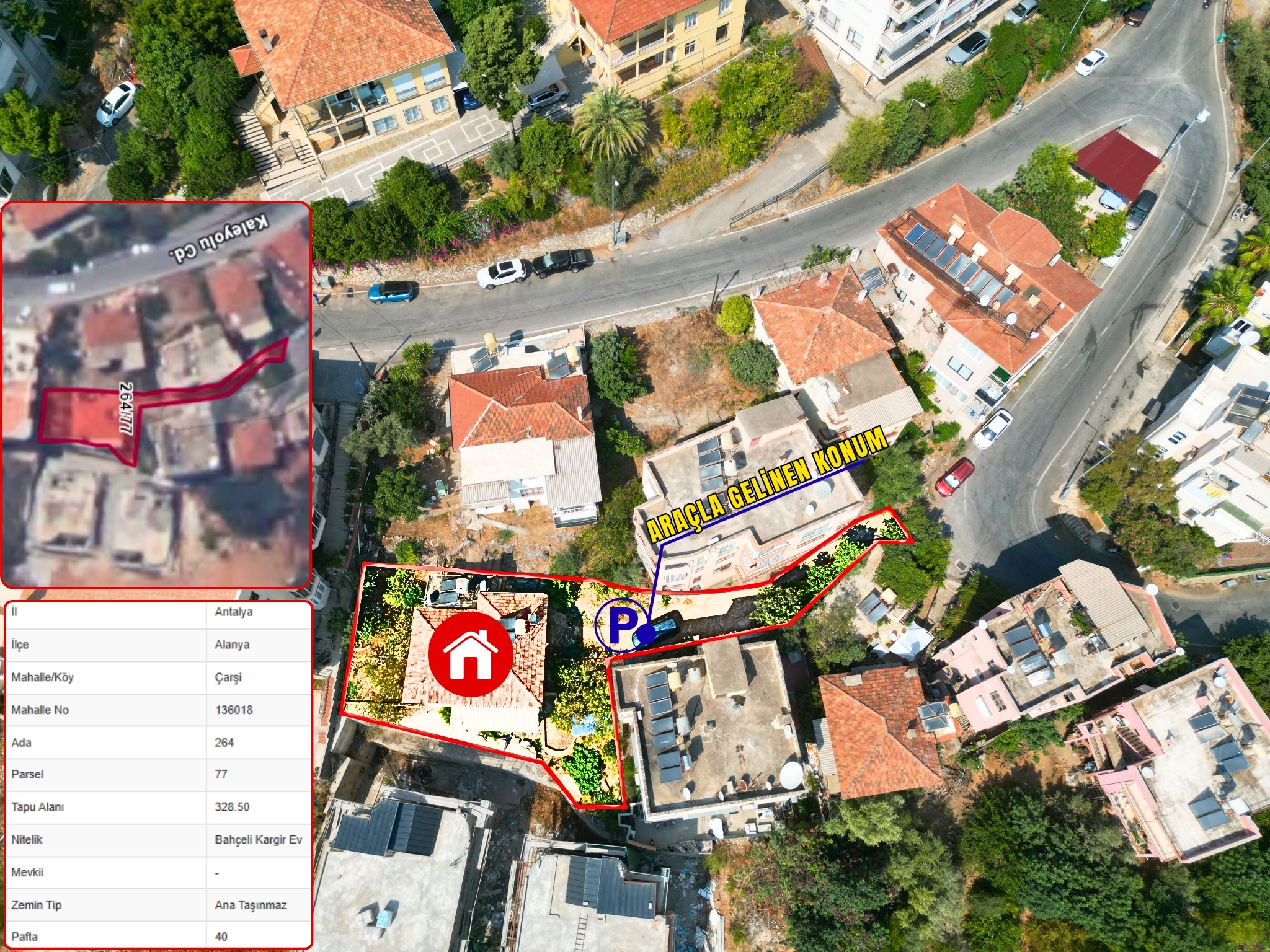 An overhead view of a red-roofed villa and outlined plot with a driveway in Alanya