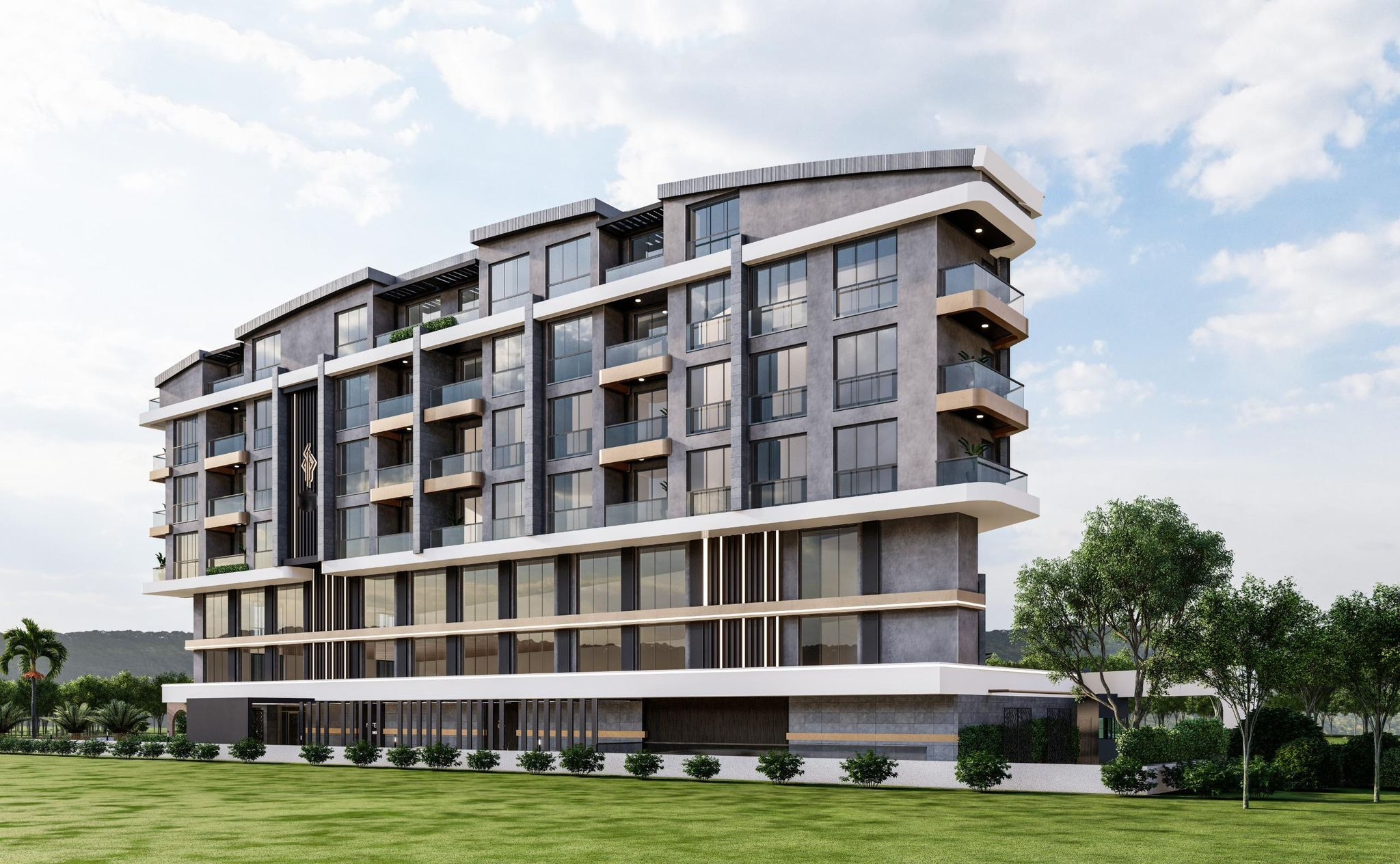 Köşe cephede şeffaf balkonları ve panoramik pencereleri görülen satılık daireler Konyaaltı’nda