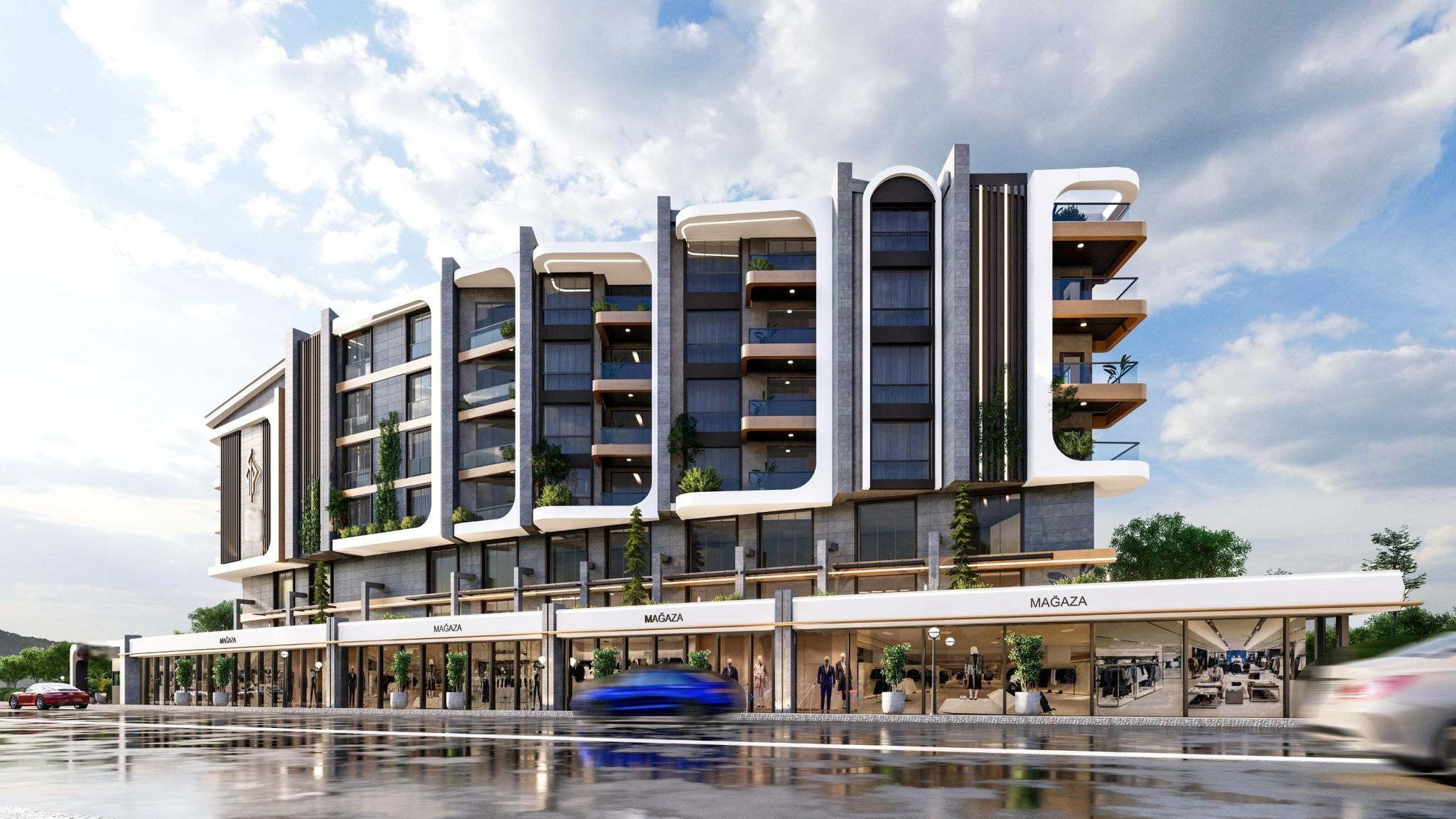 Yuvarlatılmış cepheli binada panoramik pencereler ve kahverengi balkon korkulukları, Konyaaltı’nda ev, Türkiye