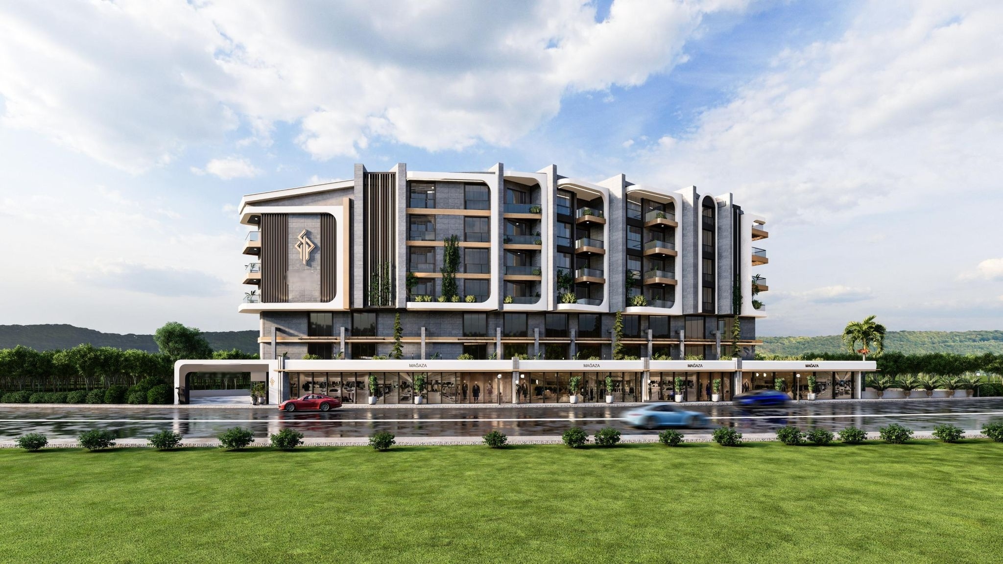Yan cephede gri kaplama panelleri, panoramik pencereler ve geniş çim alan, Konyaaltı’nda