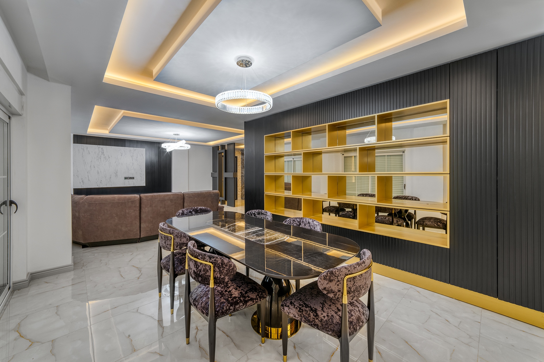 Dining area with a marble table, six chairs and ring chandeliers in Turkey for sale