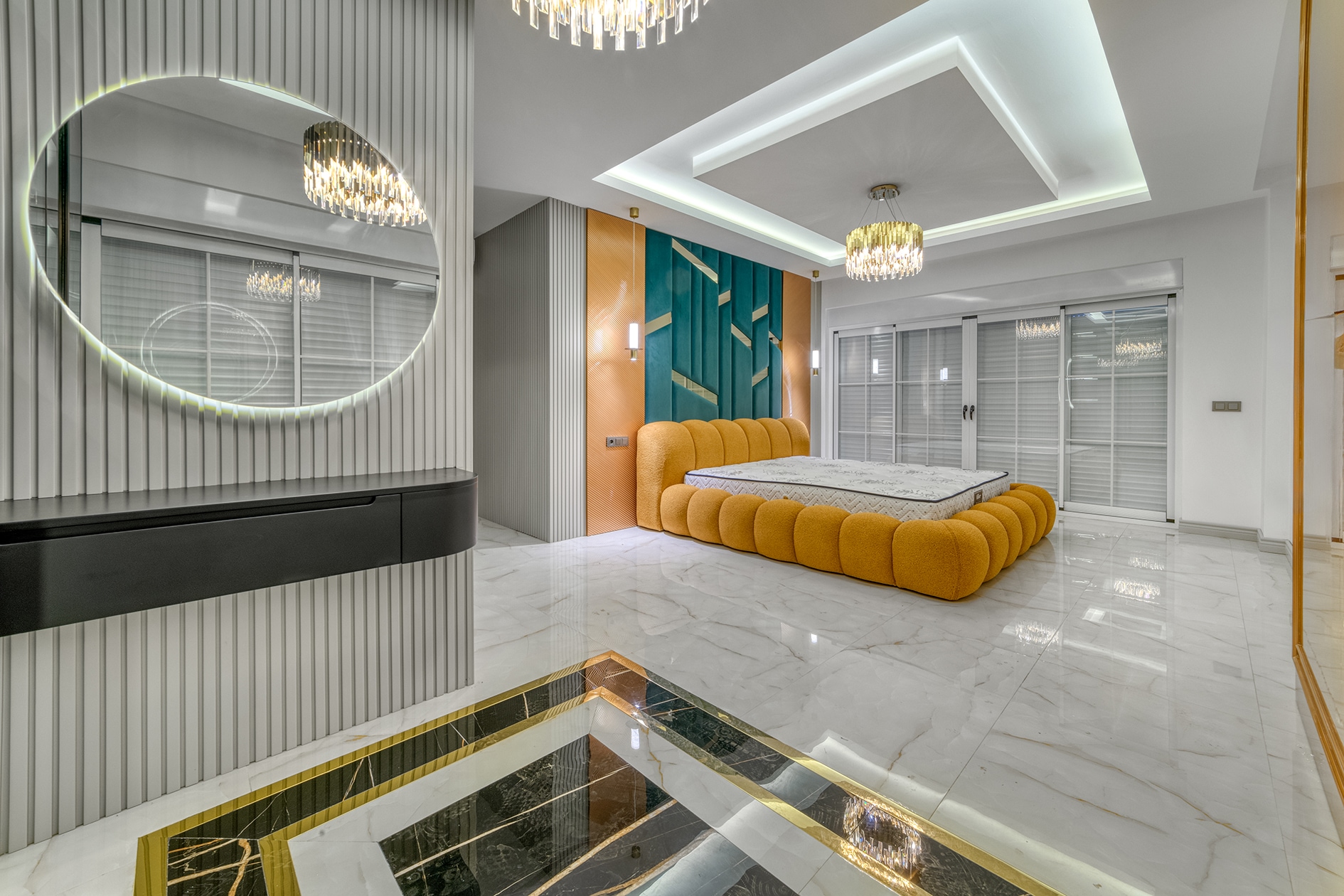 Living room with a yellow modular sofa, turquoise wall and panoramic windows in Alanya for sale