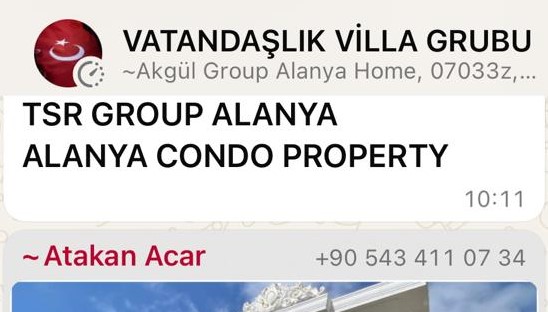 Messaging screenshot showing a property fragment and contact details for a villa in Alanya