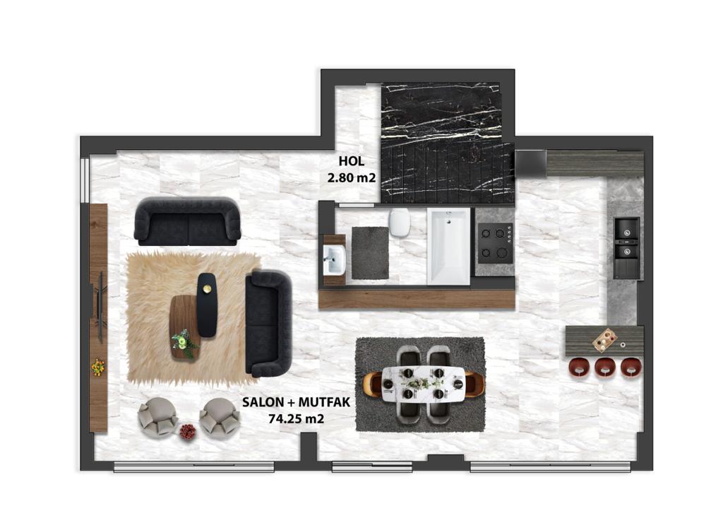 Layout showing an open living room and kitchen with an island, dining table, hall and bathroom