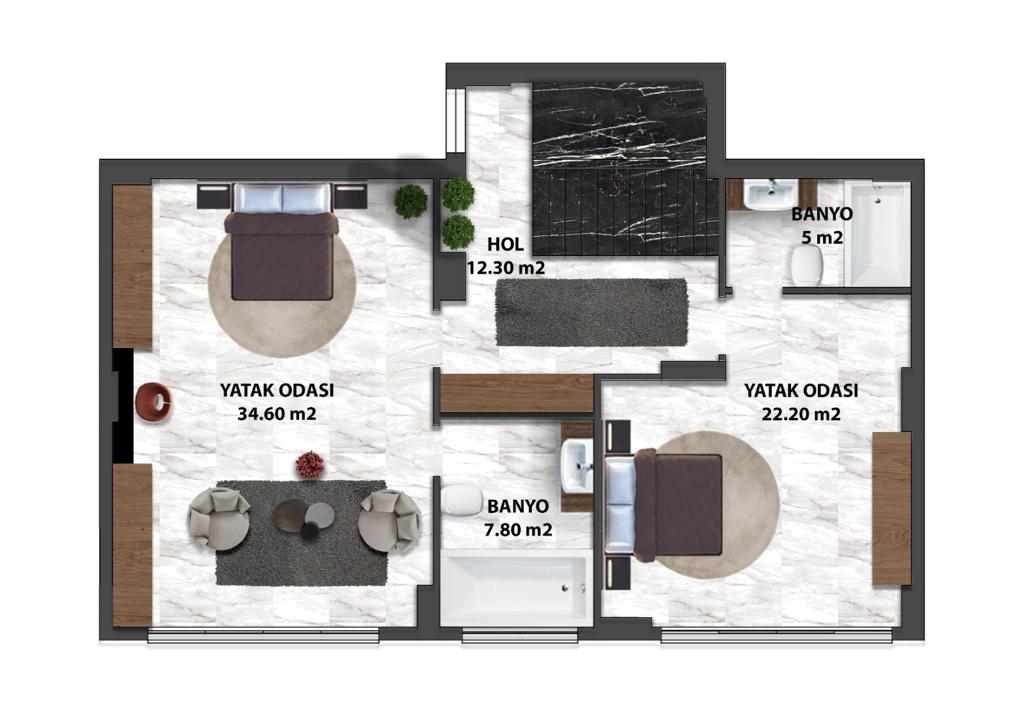 Two-bedroom layout of a 5+1 villa in Alanya, Turkey with two bathrooms and panoramic windows