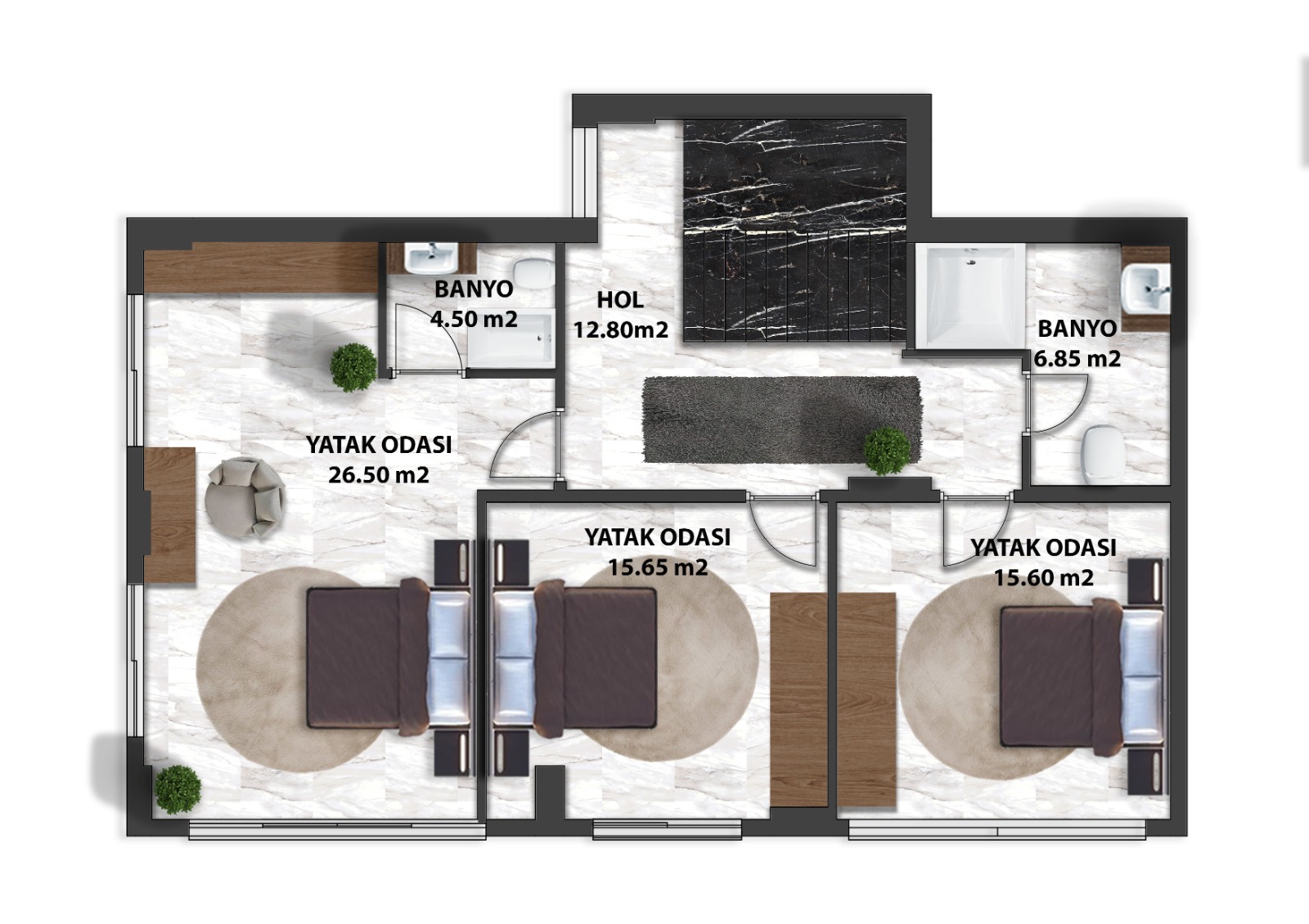 Three-bedroom layout of a 5+1 villa for sale with three bathrooms and a central hall