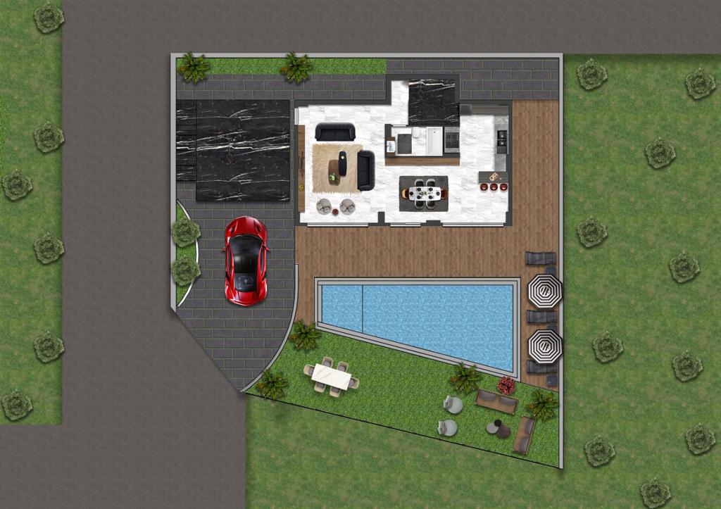 Site plan with a rectangular pool, covered parking and a wooden terrace in Turkey for sale