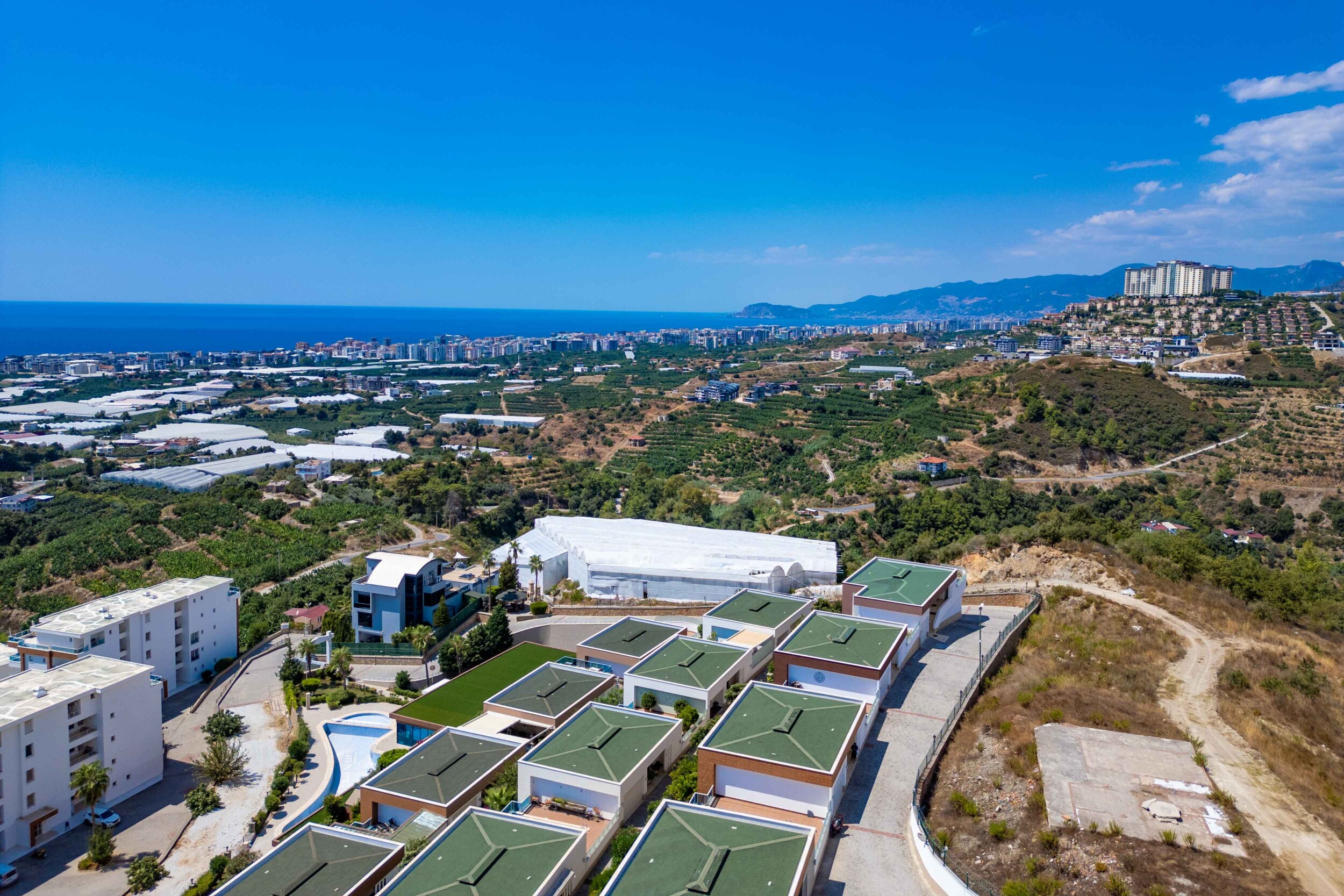 Green-roof villas with private pools and a winding road in Kargicak where villas are for sale