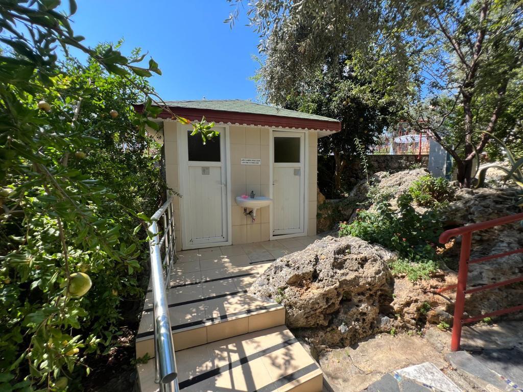 Small detached building with a door and window among garden plants in Tosmur