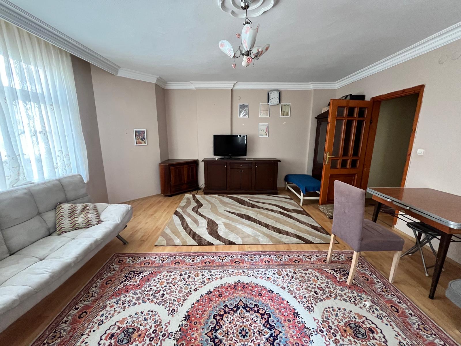Living room with a TV, dining table and patterned rugs in a Tosmur apartment