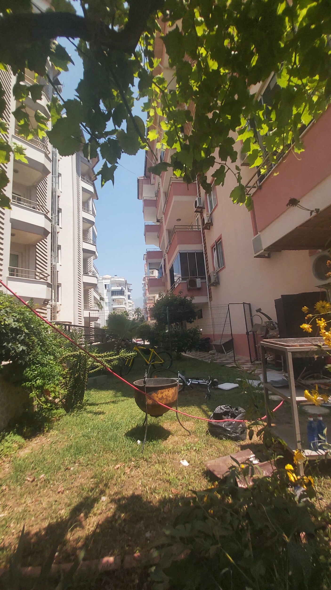 Ağaçlı yeşil avlu bahçe salıncağı ve oturma grubuyla dubleks daire sakinlerine ayrılmış