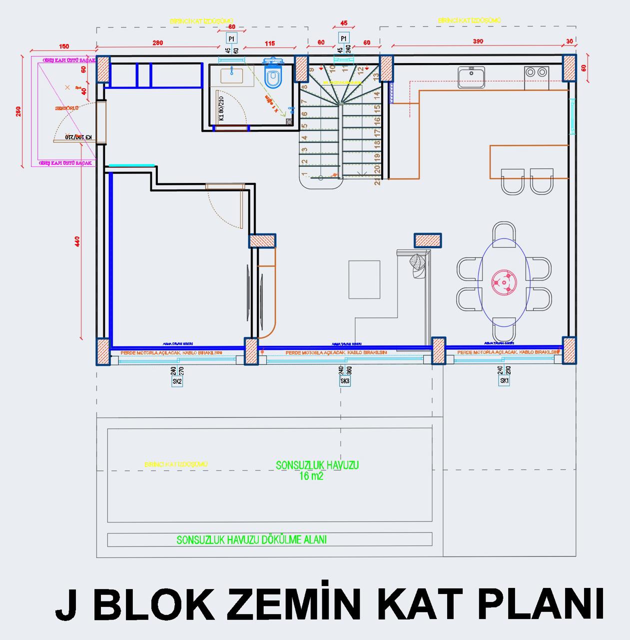План первого уровня блока J с кухней, гостиной, террасой и бассейном 16 м²