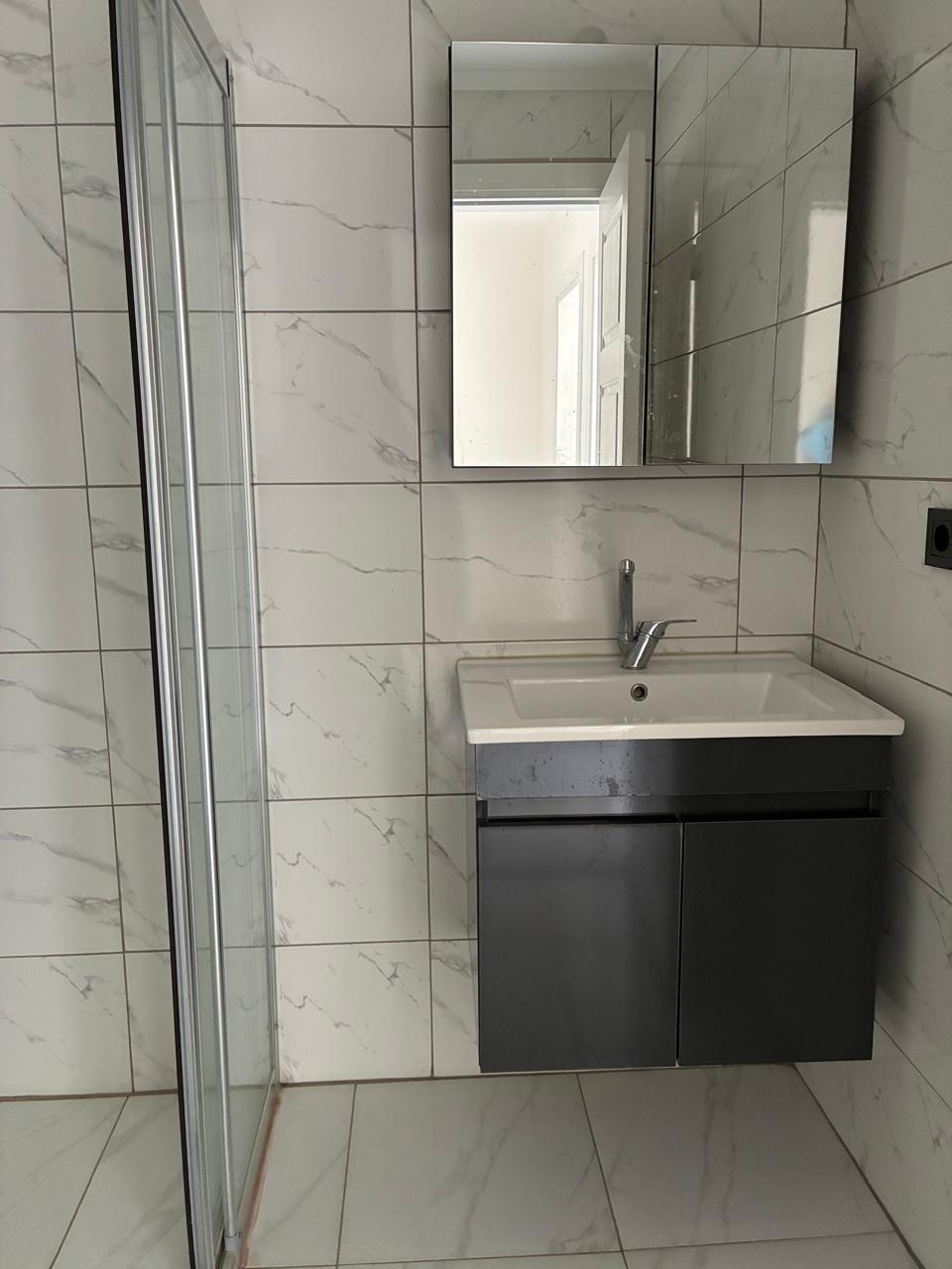 Bathroom with a glass shower screen, dark grey vanity and mirrored cabinet in Alanya