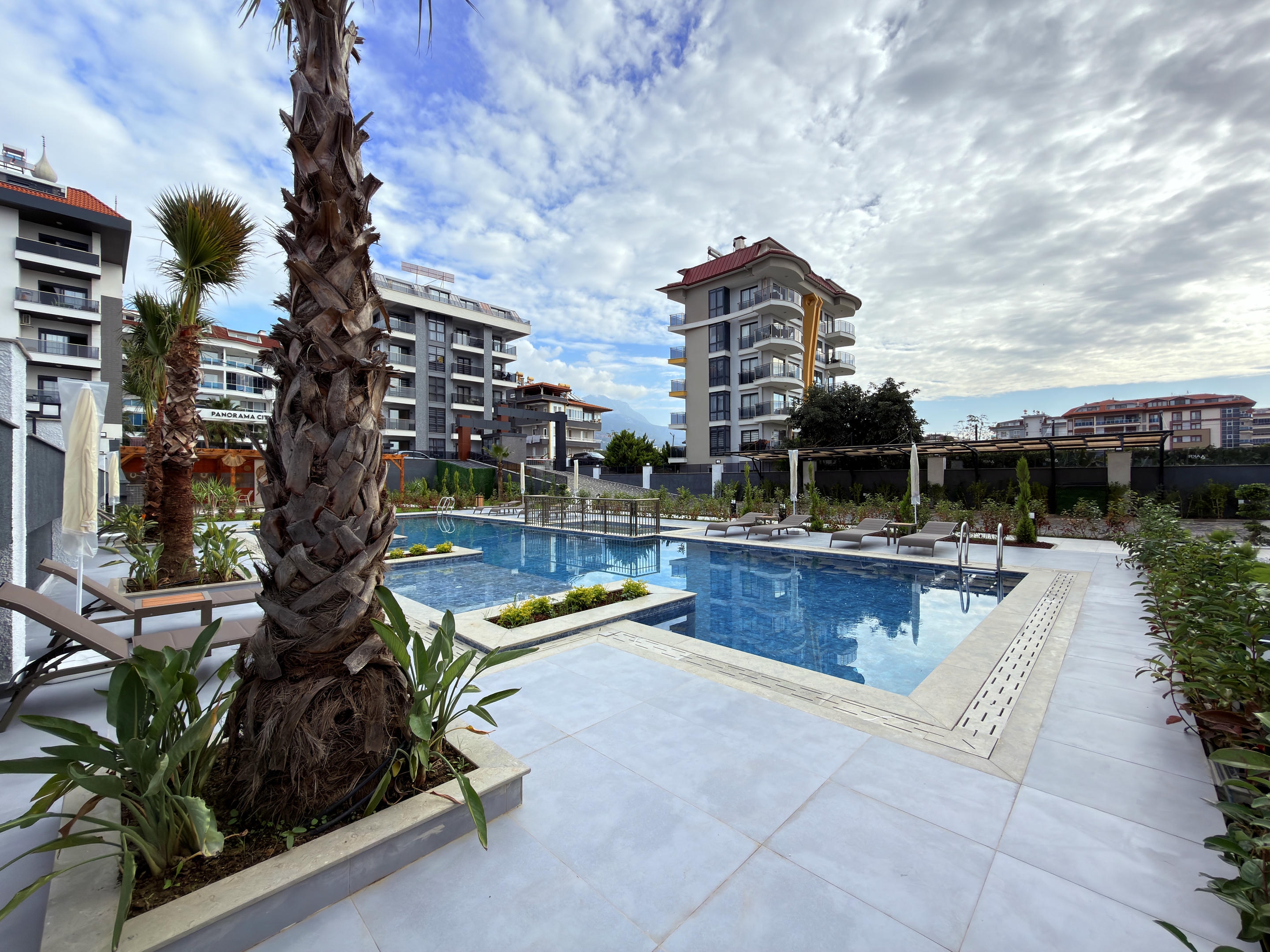 Outdoor pool with a tall palm and green planted beds in a complex with penthouses in Kestel
