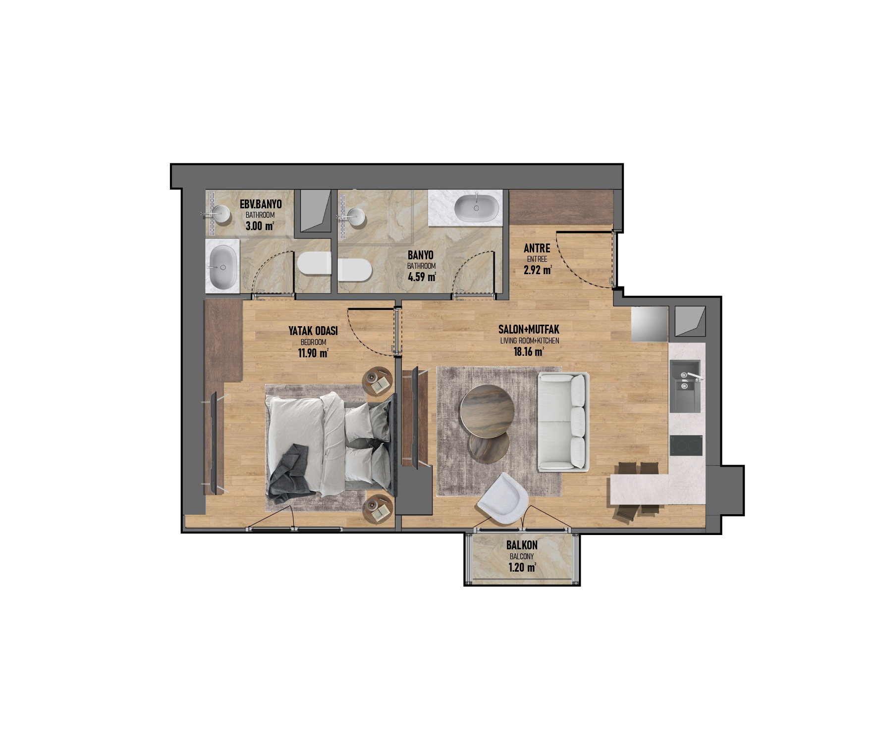 Планировка квартиры в продаже в Турции с кухней-гостиной 18,16 м², спальней и двумя ванными