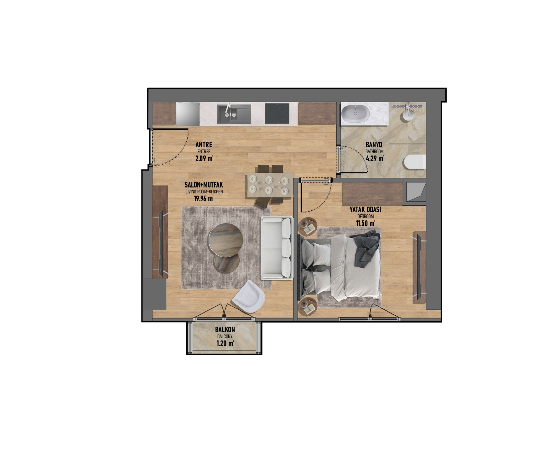 Планировка апартаментов в продаже с кухней-гостиной 19,96 м², спальней и балконом