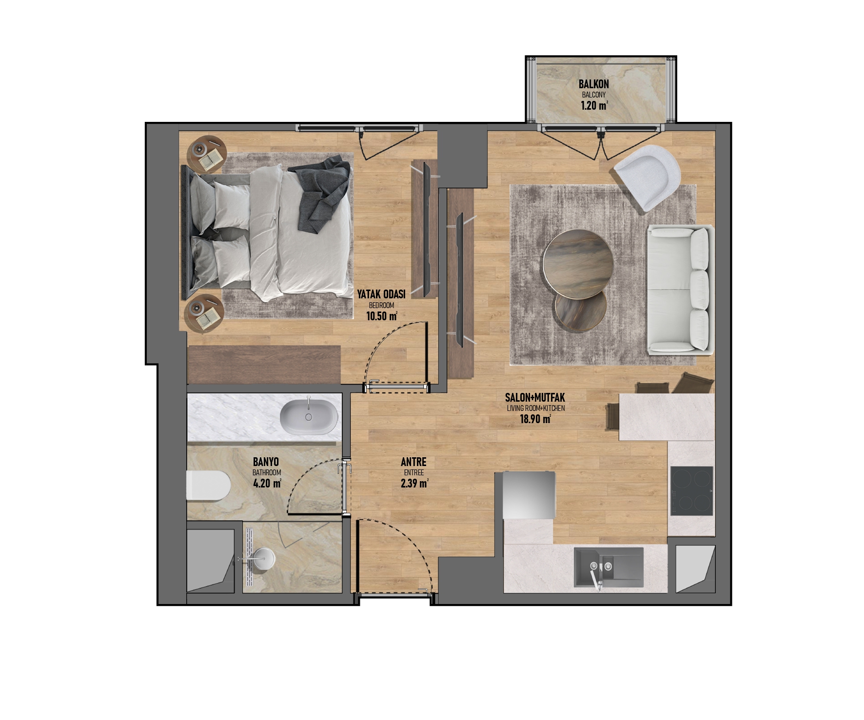 Планировка с кухней-гостиной 18,90 м², спальней и Г-образным гарнитуром в Кадыкёе, Турция