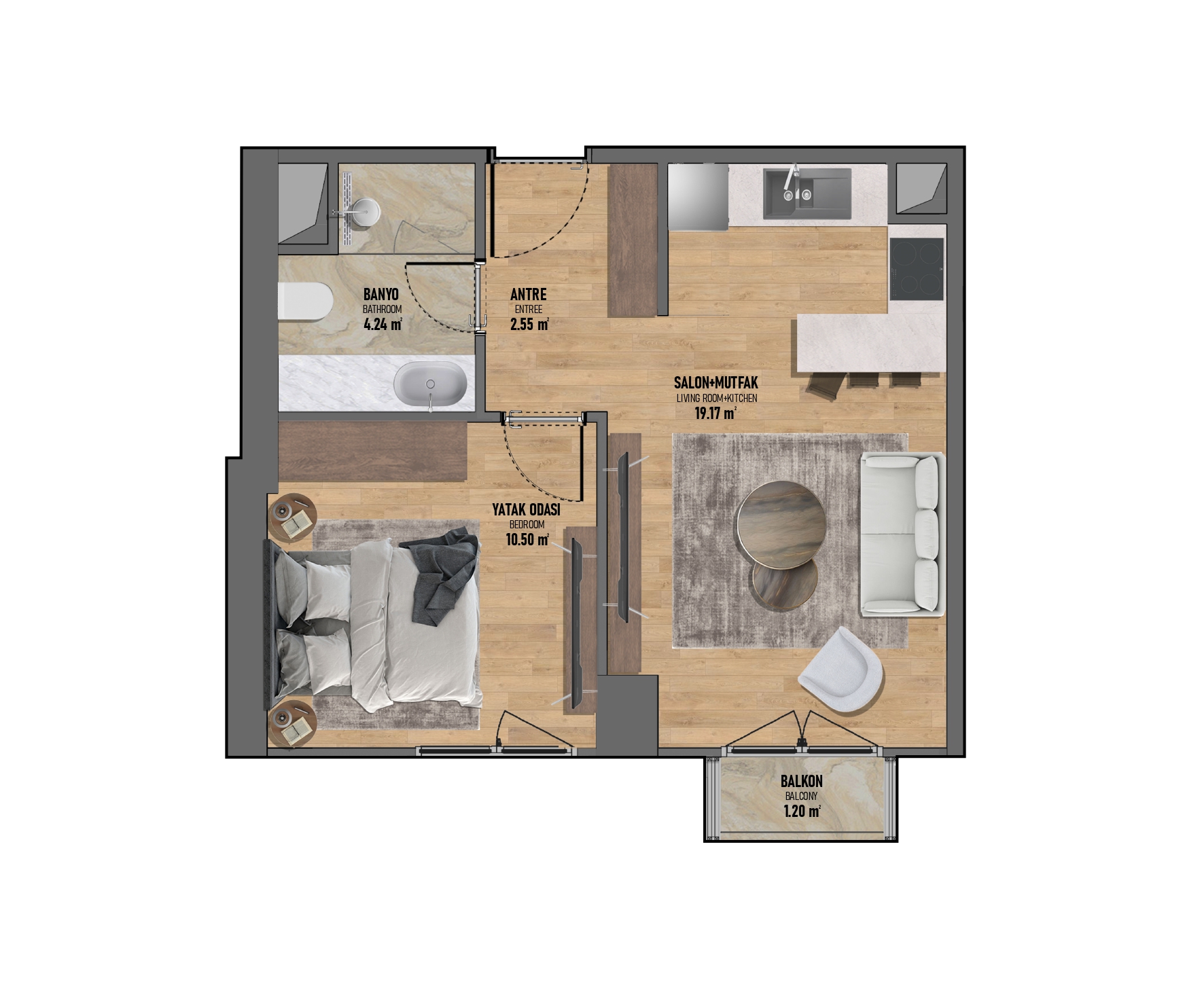 Планировка квартиры с кухней-гостиной 19,71 м², спальней и круглым журнальным столиком