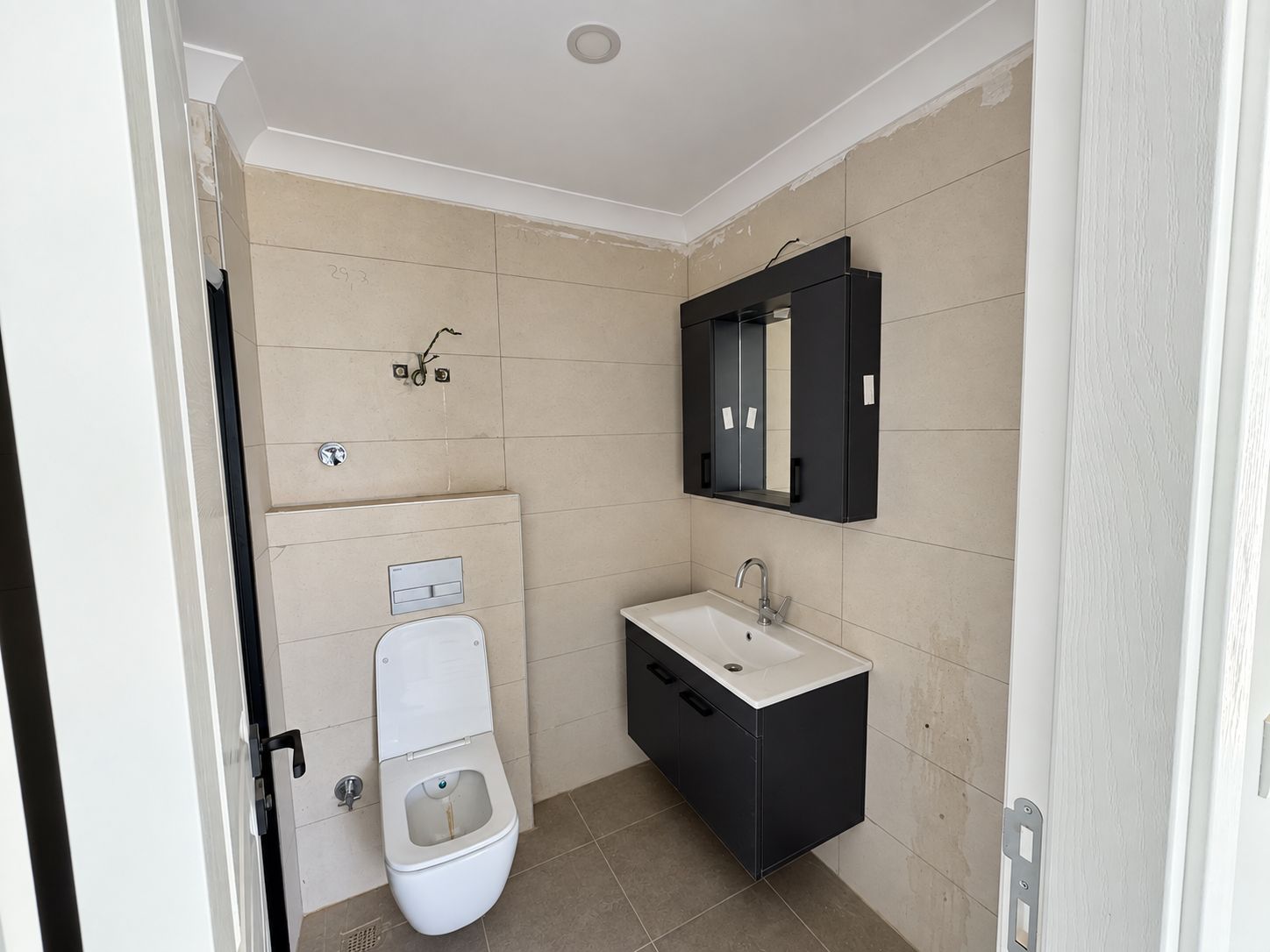 Bathroom with wall-hung toilet, dark vanity and mirrored cabinet in a 1+1 commercial unit