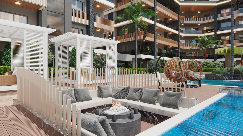 Dinlenme alanında pergola ve asılı örgü koltuklar, Türkiye’de satılık evlerin sitesinde