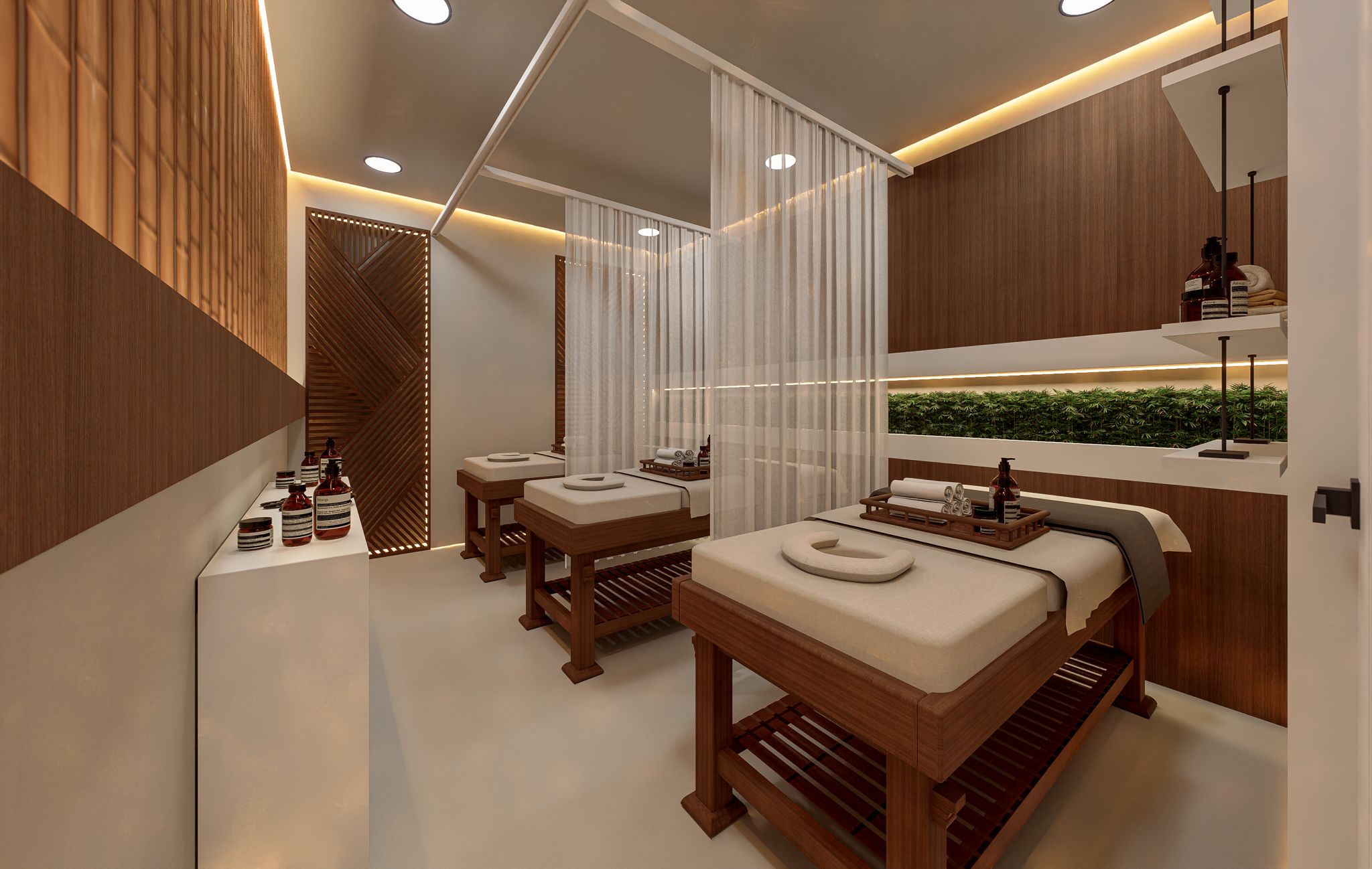 Spa alanında yatakları ayıran perdeler ve çapraz desenli kapı, Oba’da konut sakinleri için