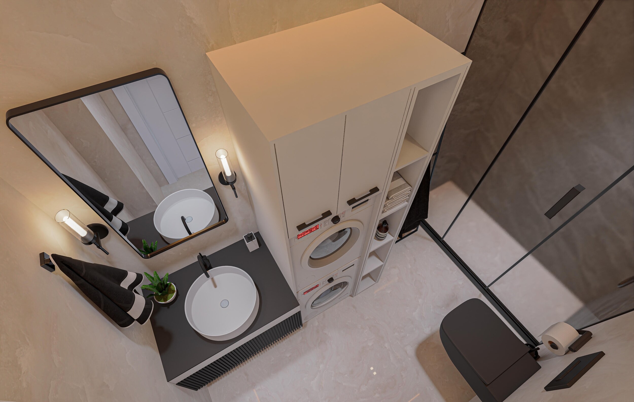 Banyoda üstten beyaz lavabo görünümü ve cam duş bölmesi, Oba’daki dairede