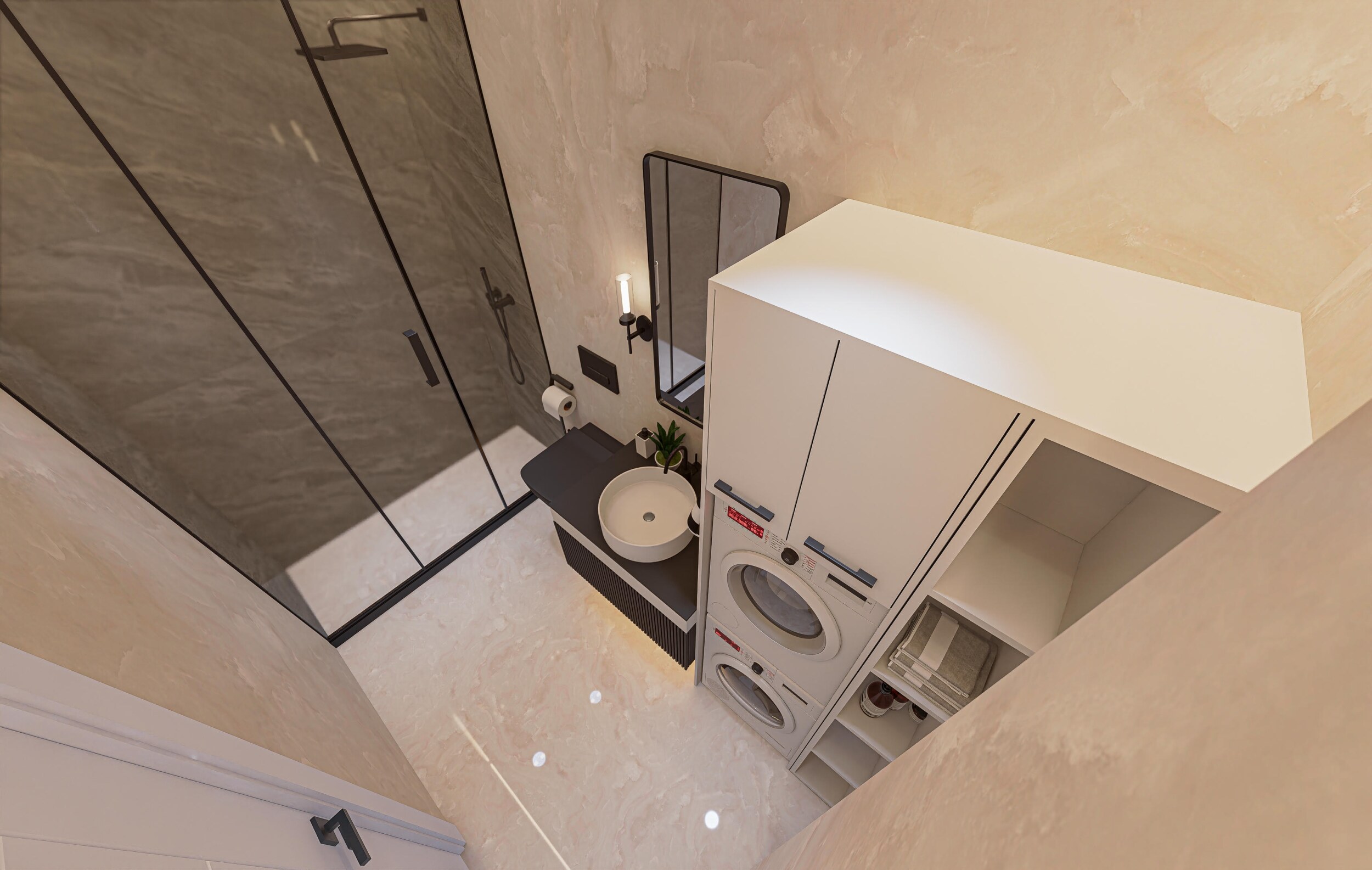 Banyo-çamaşır odasında cam duş bölmesi, yuvarlak lavabo ve üst üste çamaşır makineleri